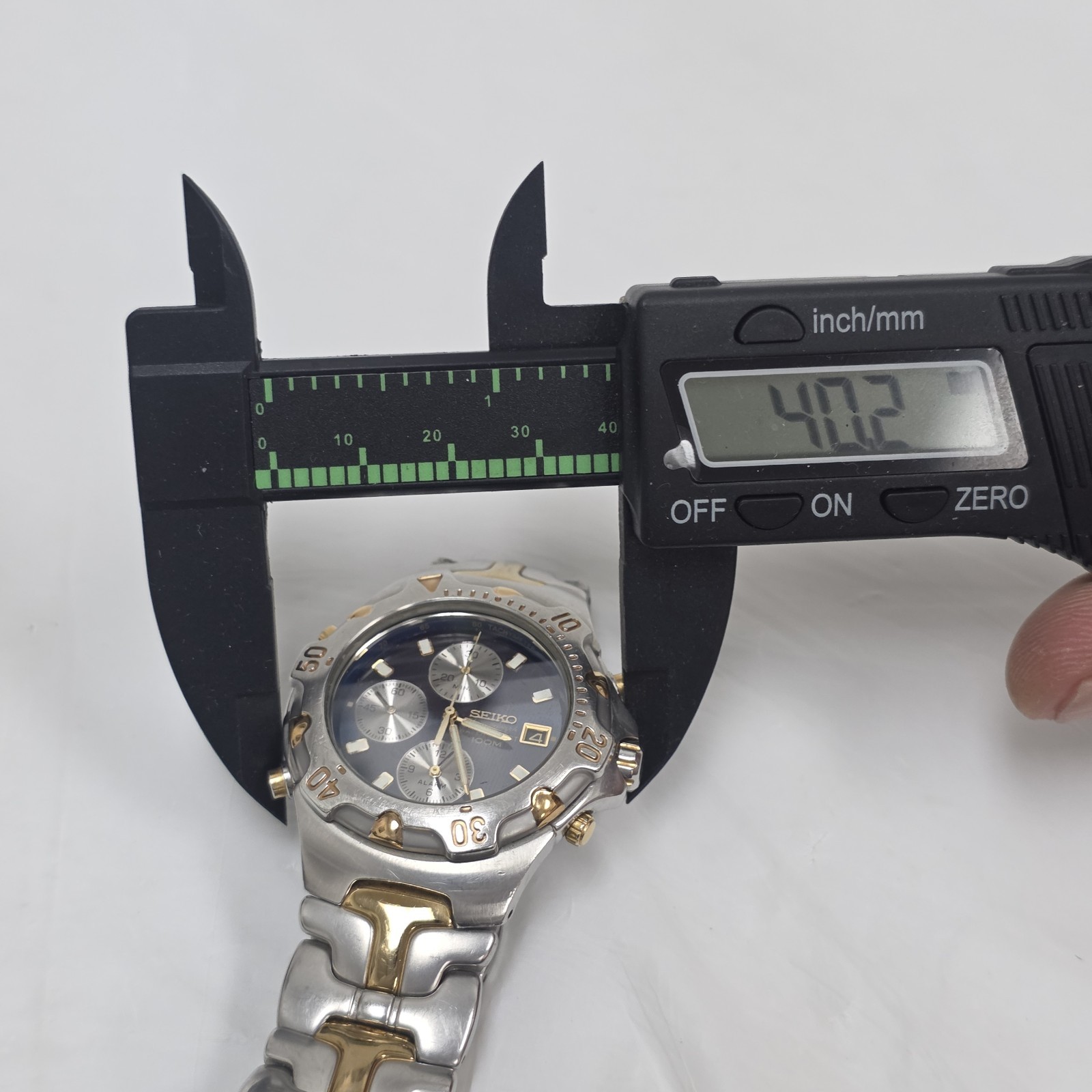Seiko 7T32-6M49 Chronograph Alarm Mens Watch Two Tone Blue Dial 100m Date 40mm