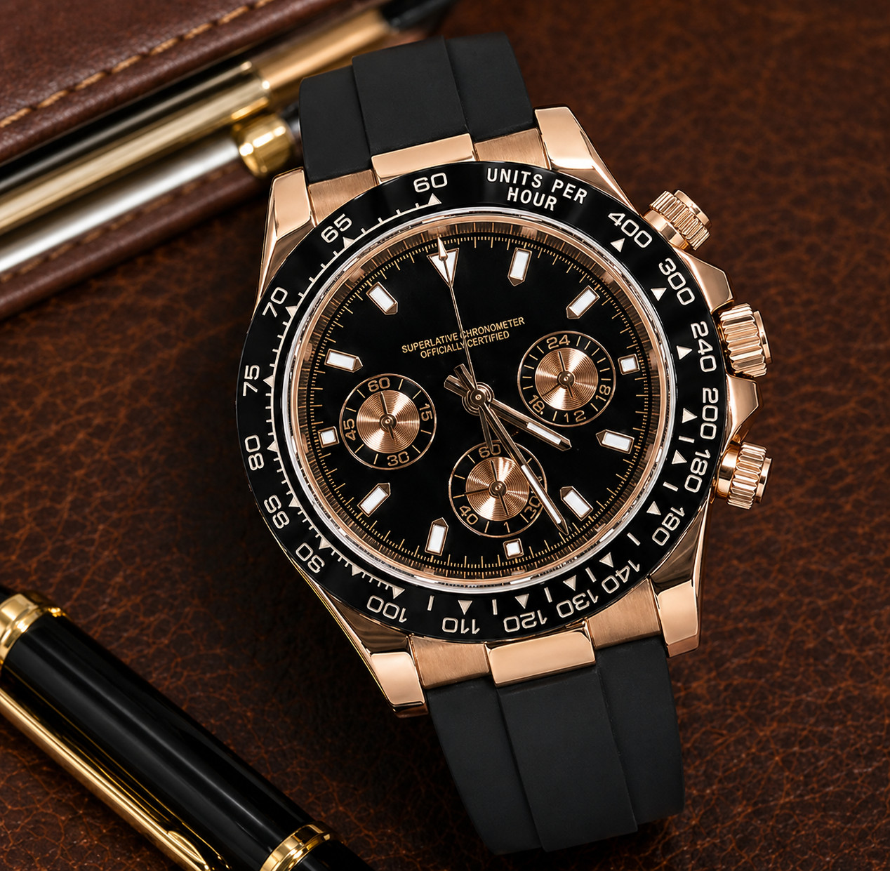 Custom Built – Rose Gold Black Chronograph Style – 40mm Sport Rubber Watch