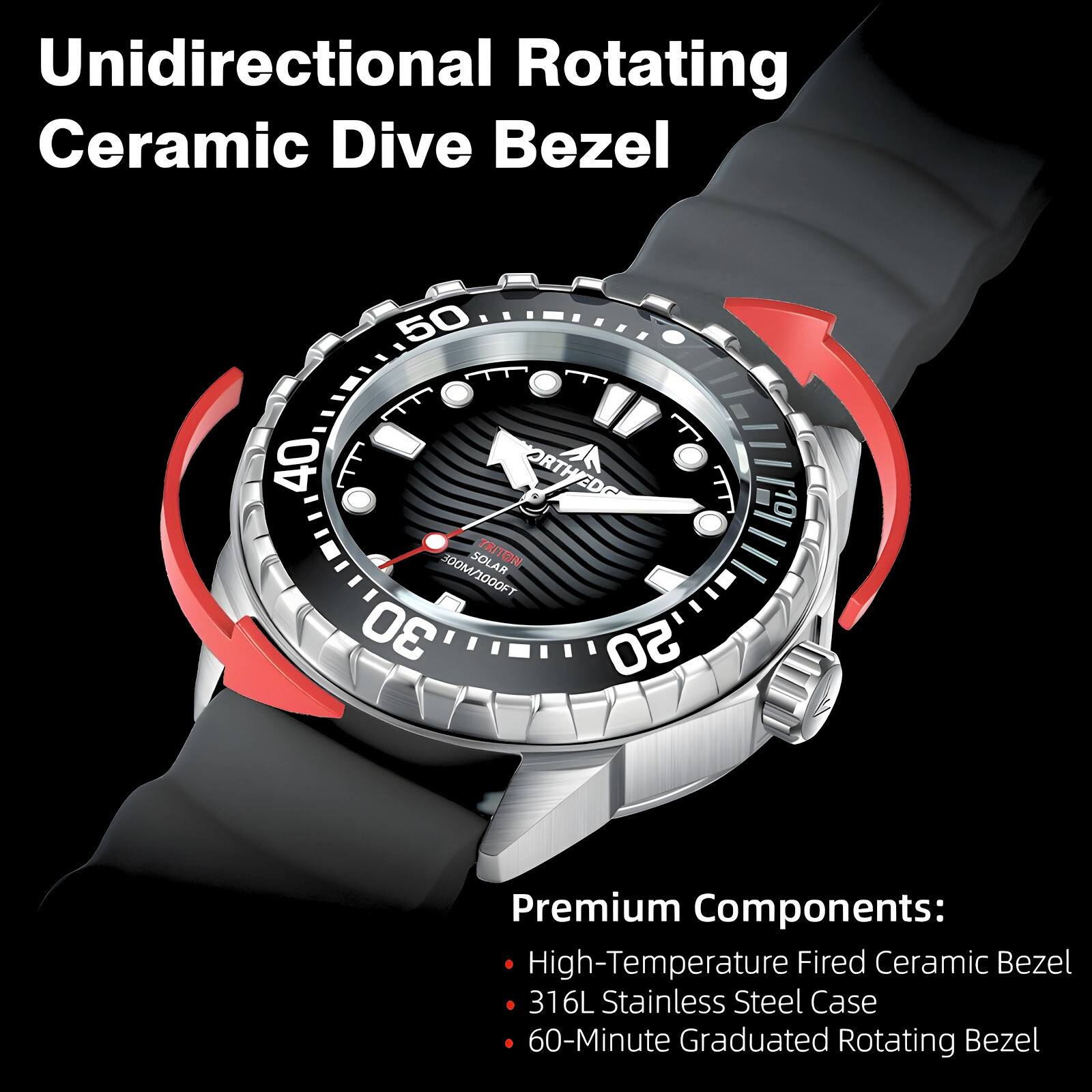 North Edge TRITON Solar Dive Watch Phantom Black 45.8mm 300m Waterproof – New UK