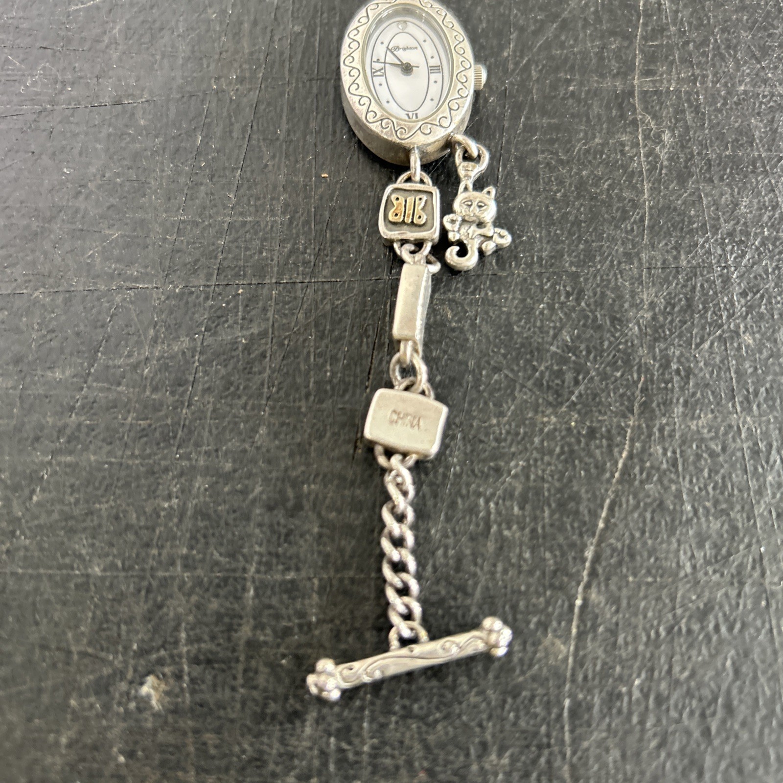 Brighton Pedigree Cat Silver Plated Filigree Chain Women’s Oval Watch New Batt.