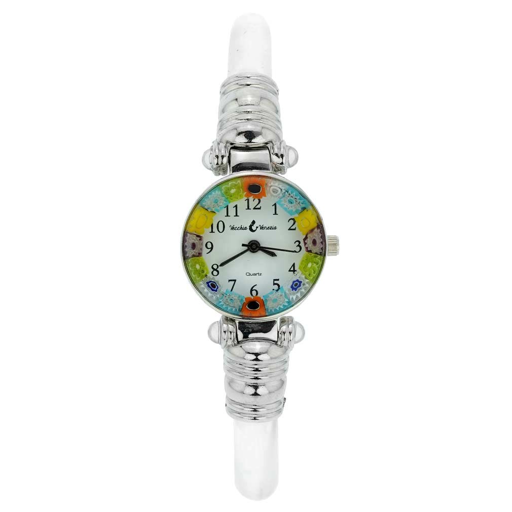 GlassOfVenice Murano Glass Millefiori Bangle Watch – Silver Clear Multicolor