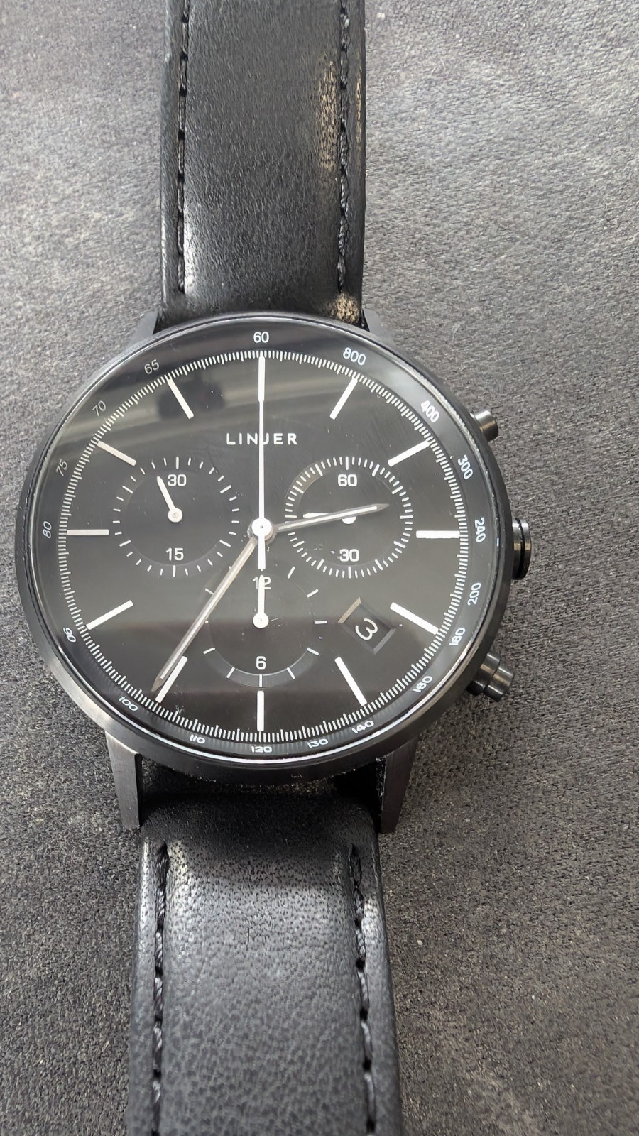 Rare Linjer Chrono Black Dial Quartz Watch – Sleek Minimalist Design! w/box&card