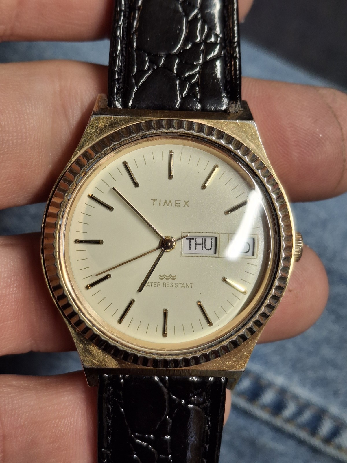 Timex Marlin 1980s Gold Tone Fluted Bezel Mens Vintage 1980s Mechanical Handwind