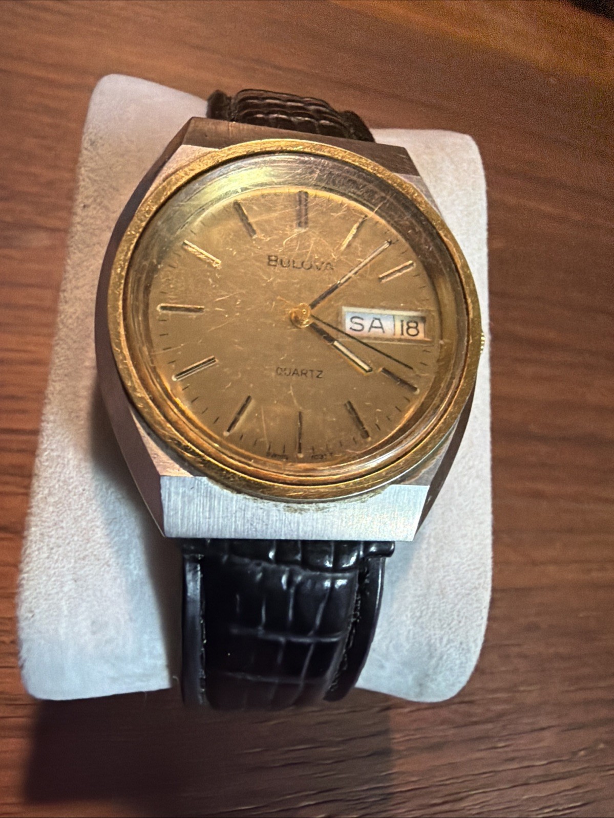 Vintage Bulova Men’s Quartz Watch DayDate Display Needs New Battery Leather Band