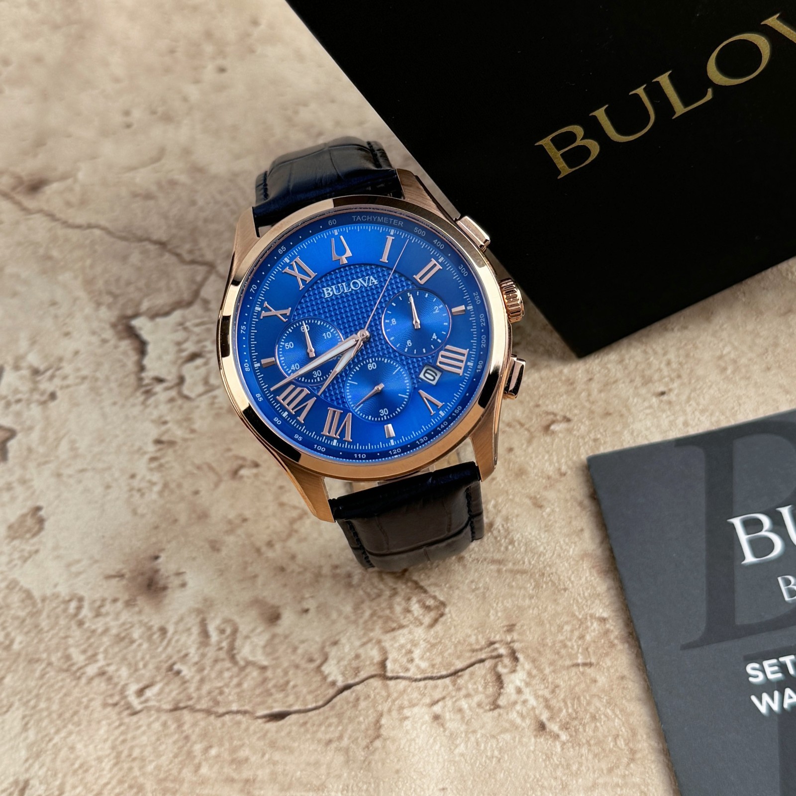 New Bulova Classic Dark Blue Textured Dial Chronograph Men’s Quartz Watch 97B170