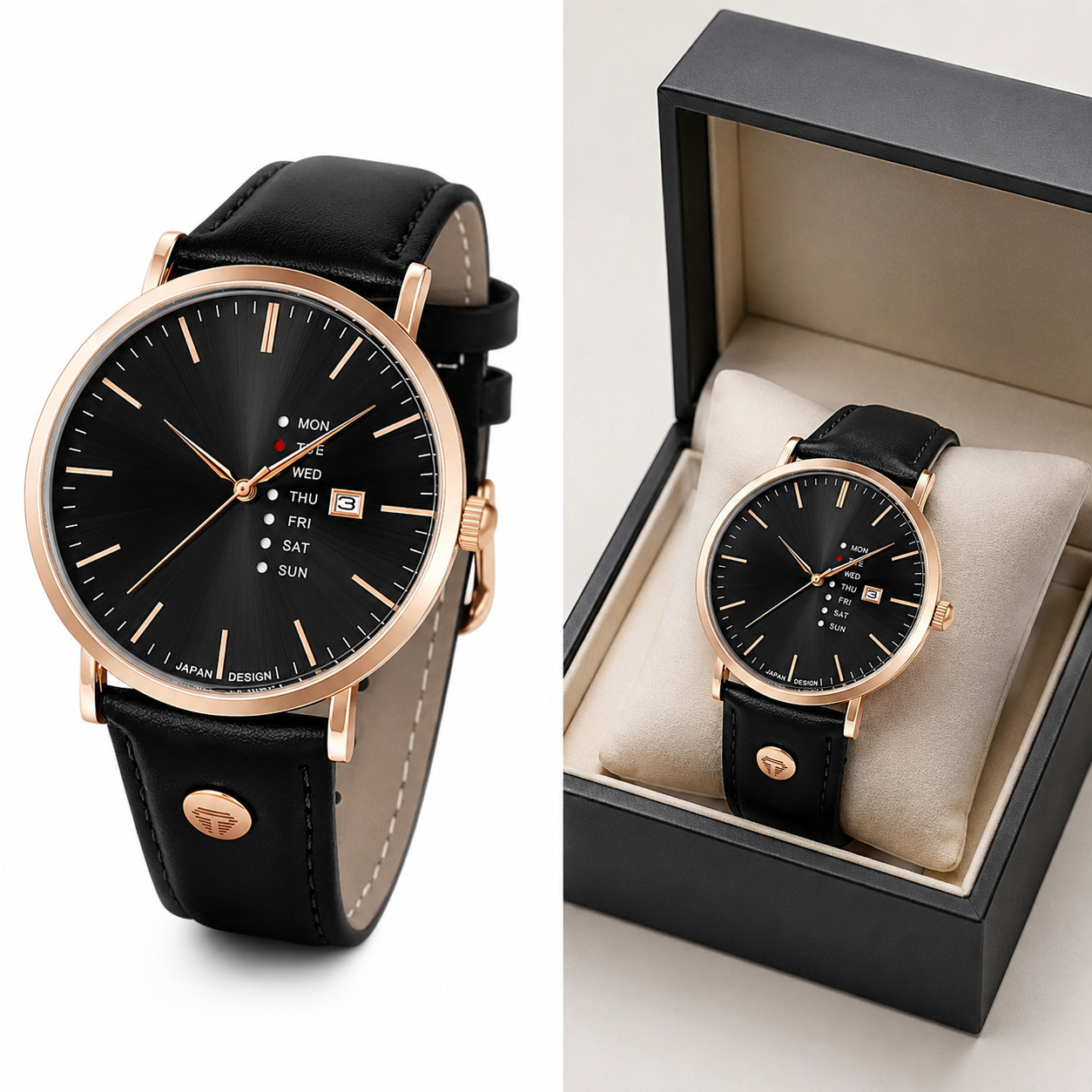 Men’s Quartz Analog Watch Day Date Leather Strap Business Dress Wristwatch