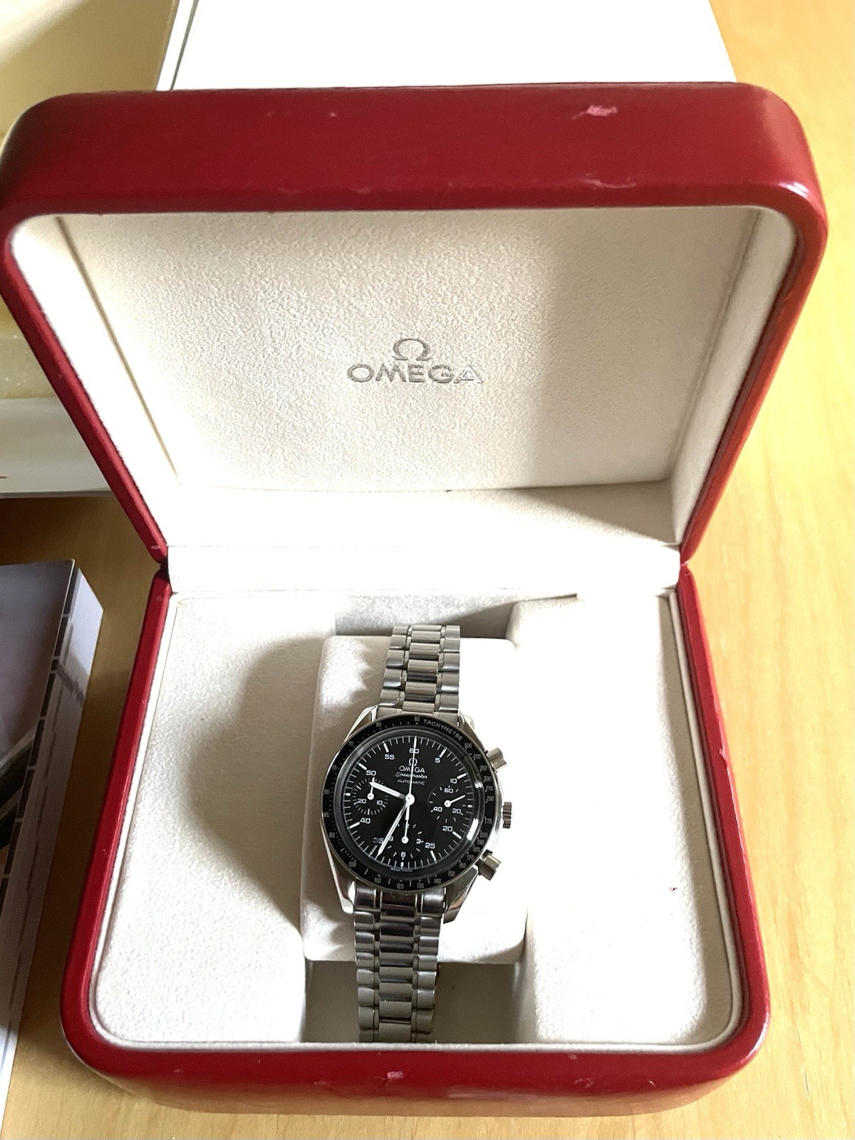 Omega Speedmaster Automatic Reduced 3220 With Box Booklet Hang Tag + Extra Band
