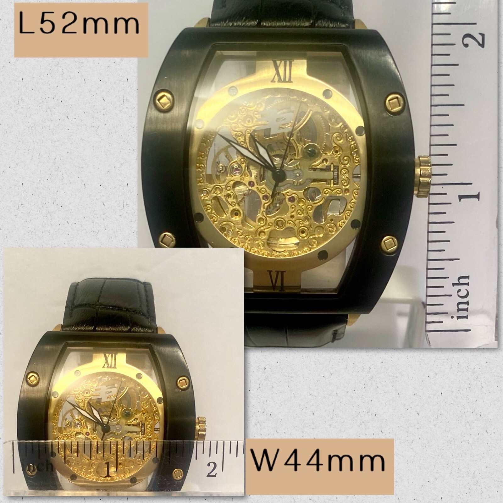 Auto W44mm Black Tonneau | Floating Goldtone Skeleton Dial 32 DEGREES Mens Watch