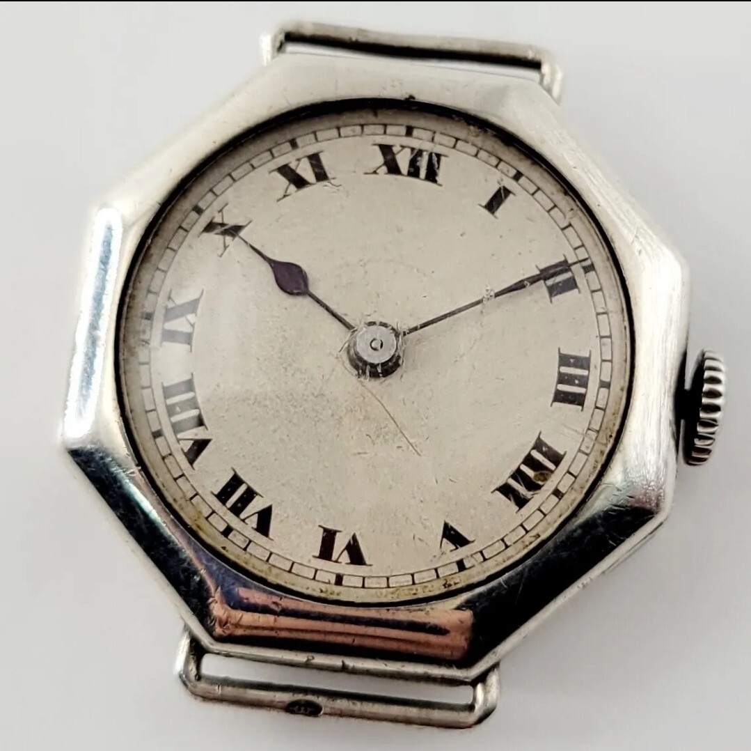 1917 SILVER HEXAGONAL ART DECO 1910S 1920s WATCH TRENCH STYLE VINTAGE ANTIQUE