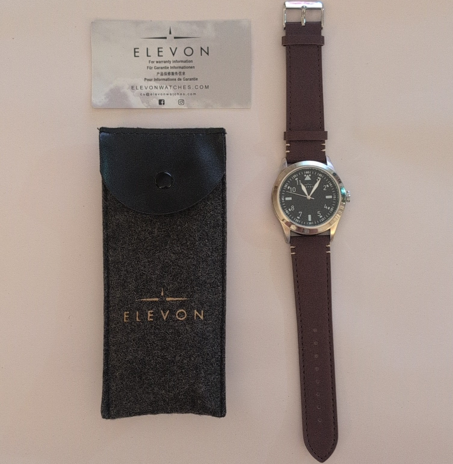 Elevon Quartz Analog Wristwatch Black Dial Brown Leather Strap 30m Steel (New)