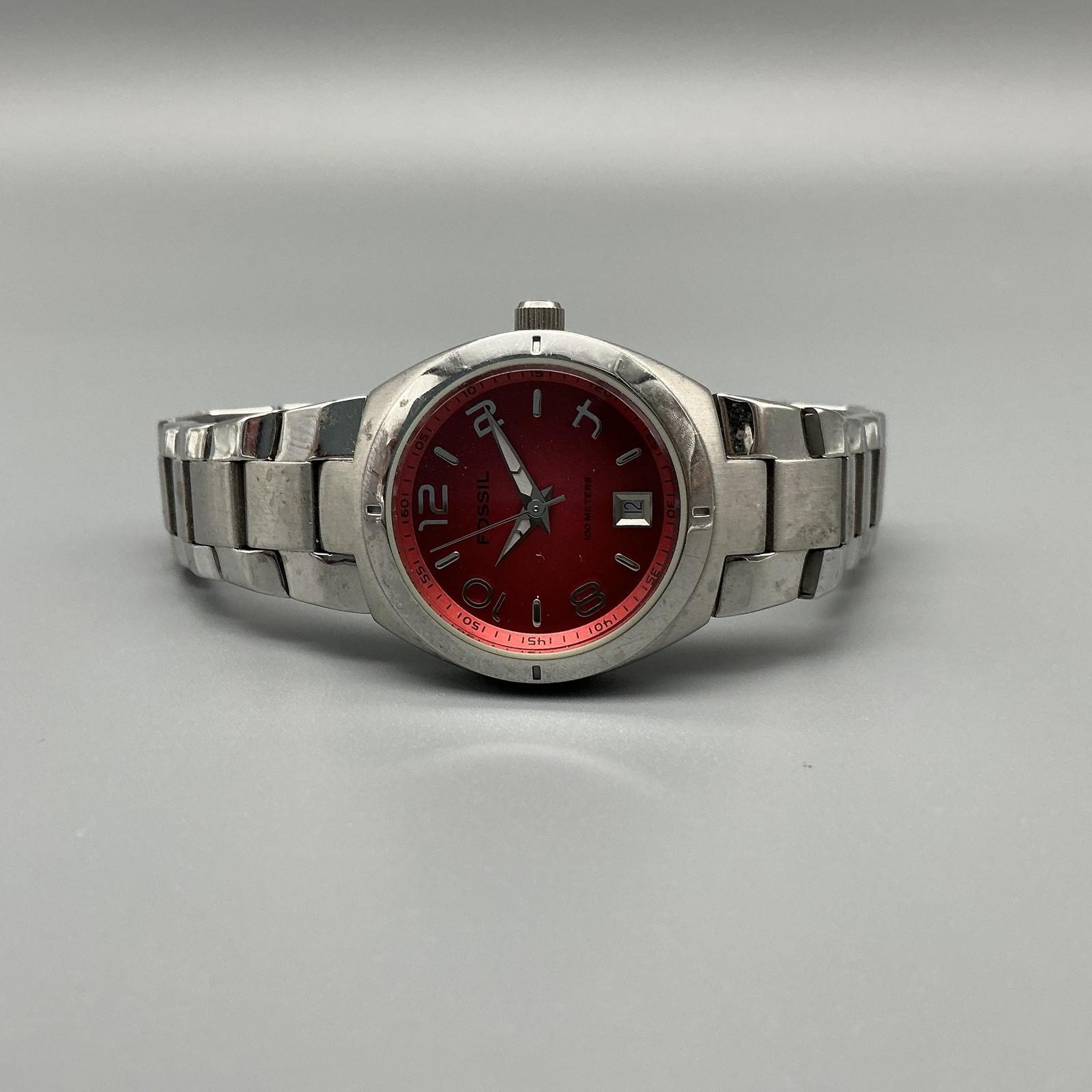 Fossil Blue Womens Watch 28mm Red Dial Stainless Date AM-4100 New Battery 6.75″