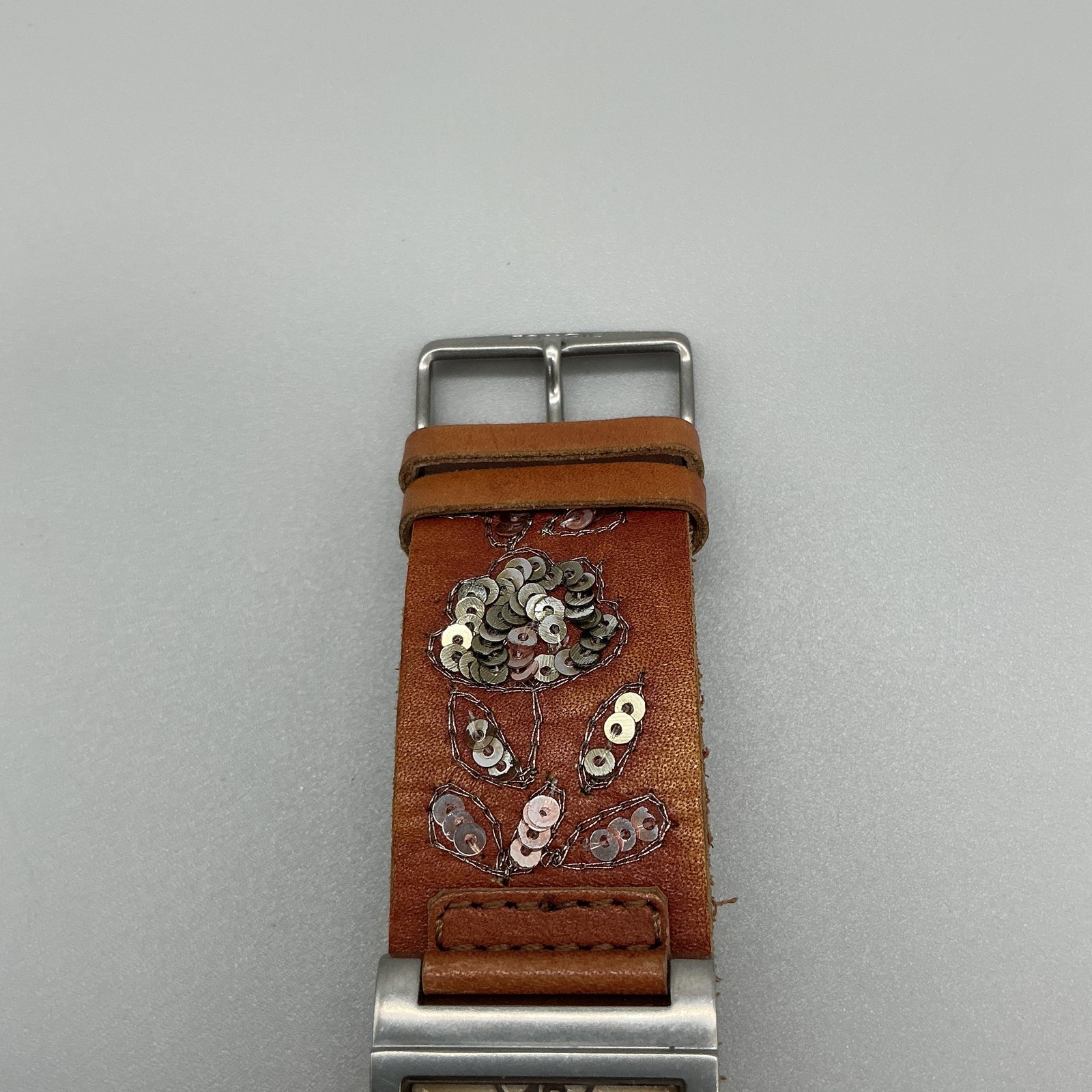 Fossil Womens Watch 30mm Cream Dial Brown Leather Floral Sequin Band New Battery