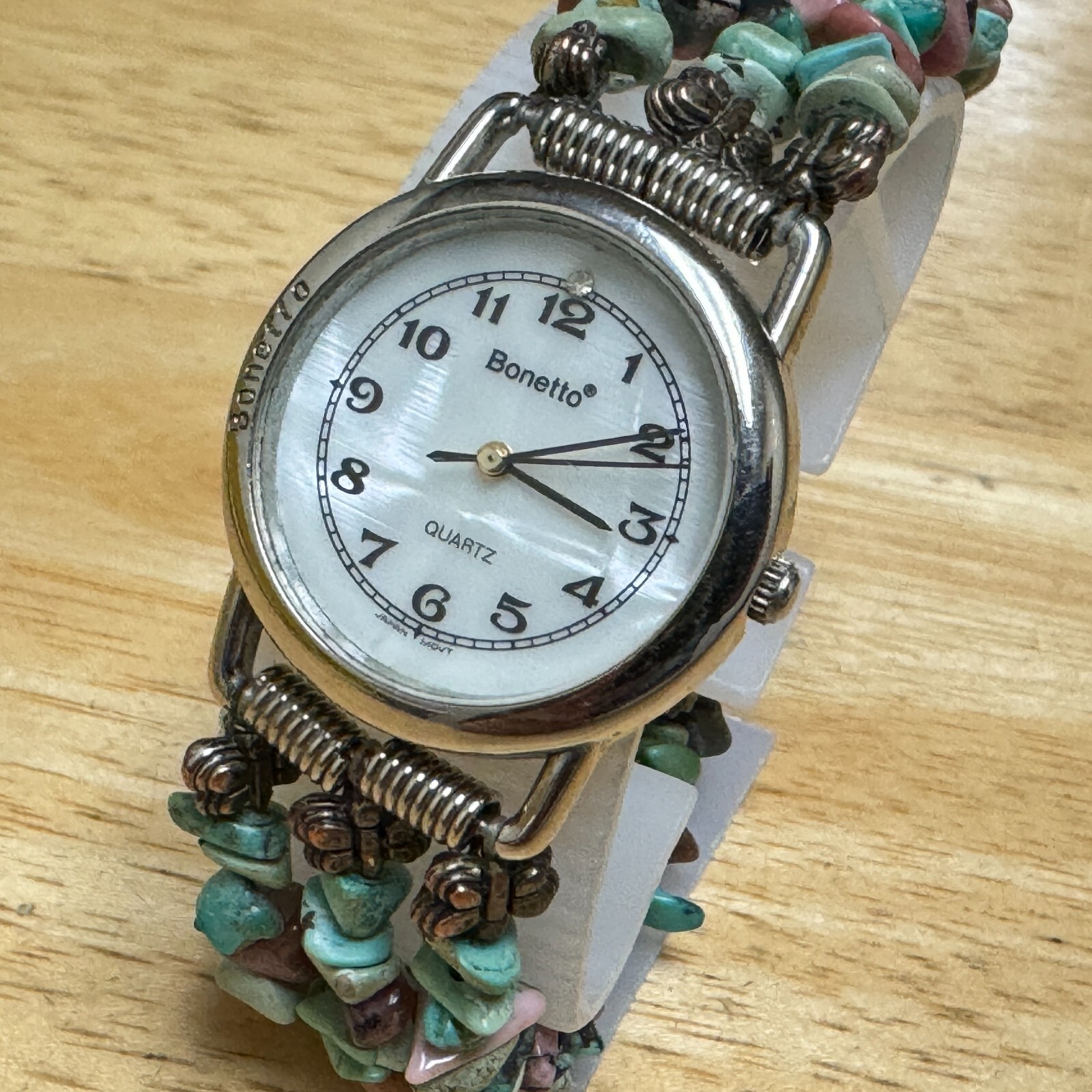 VTG Bonetto Japan Quartz Watch Women Silver Natural Rock Beads Band New Battery