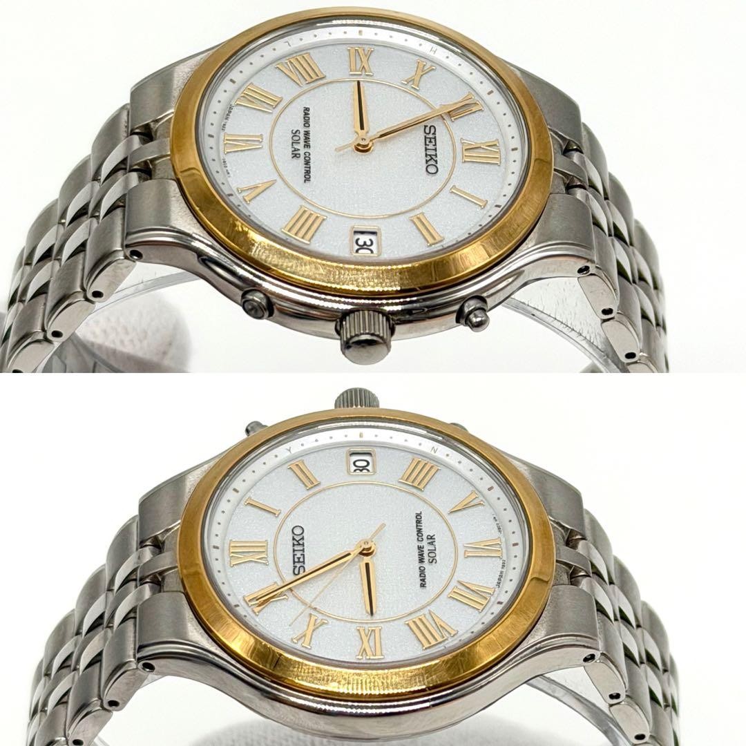 Seiko 7B22-0AM0 Radio Wave Solar Watch Roman Numerals Gold Silver Japan 071239