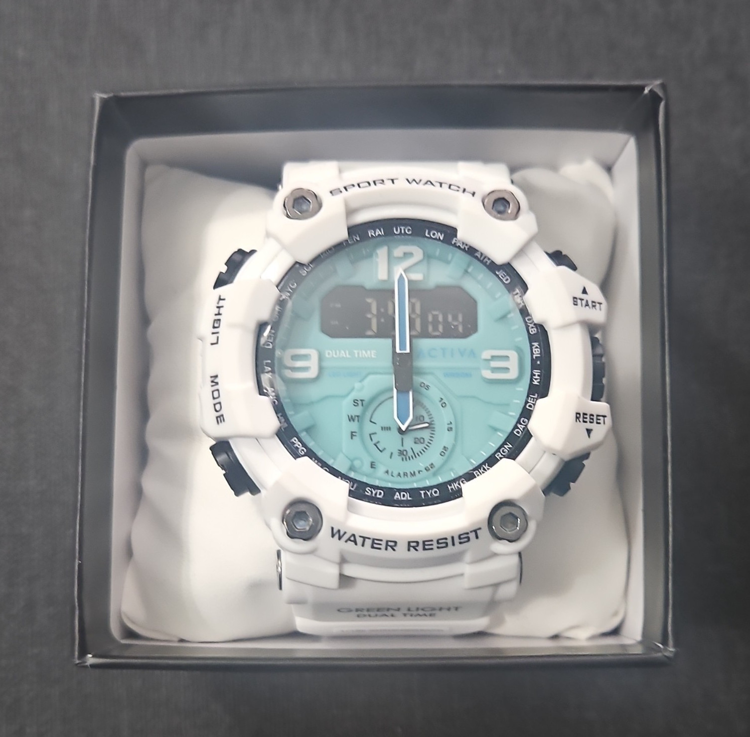 Activa Dual Time Sport Analog-Digital Quartz Alarm Backlight White Resin