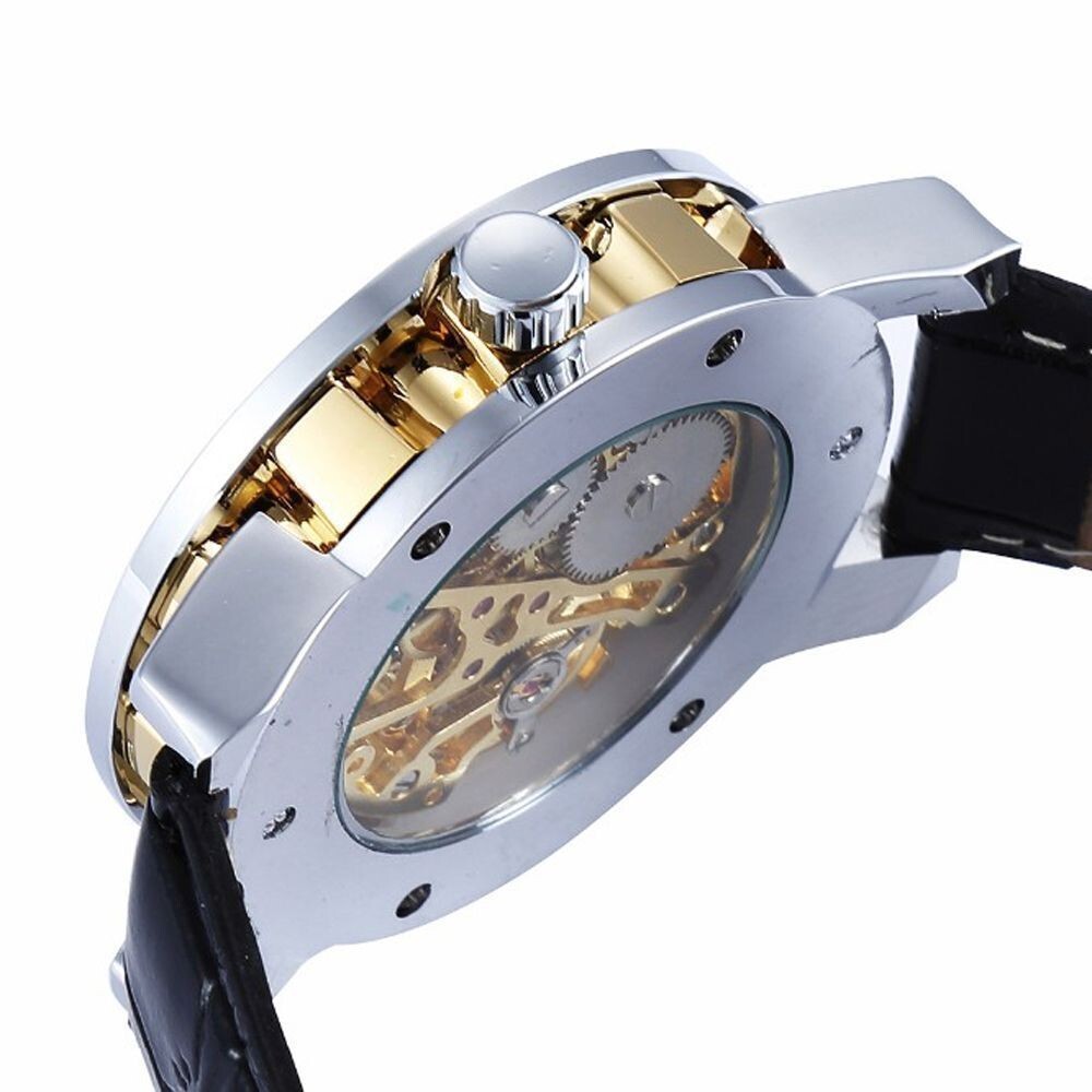 Luxury Men’s Skeleton Leather Steampunk Mechanical Wrist Watch Gold