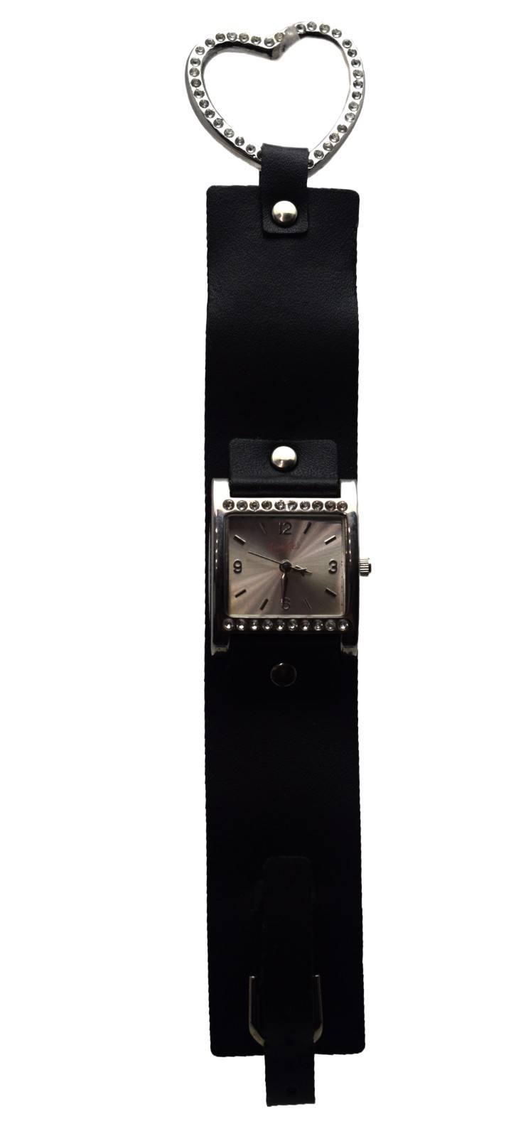 CANDIE’S: TEEN’S/ GIRLS BLACK LEATHER BAND SQUARE RHAINSTONES CASE ANALOG WATCH