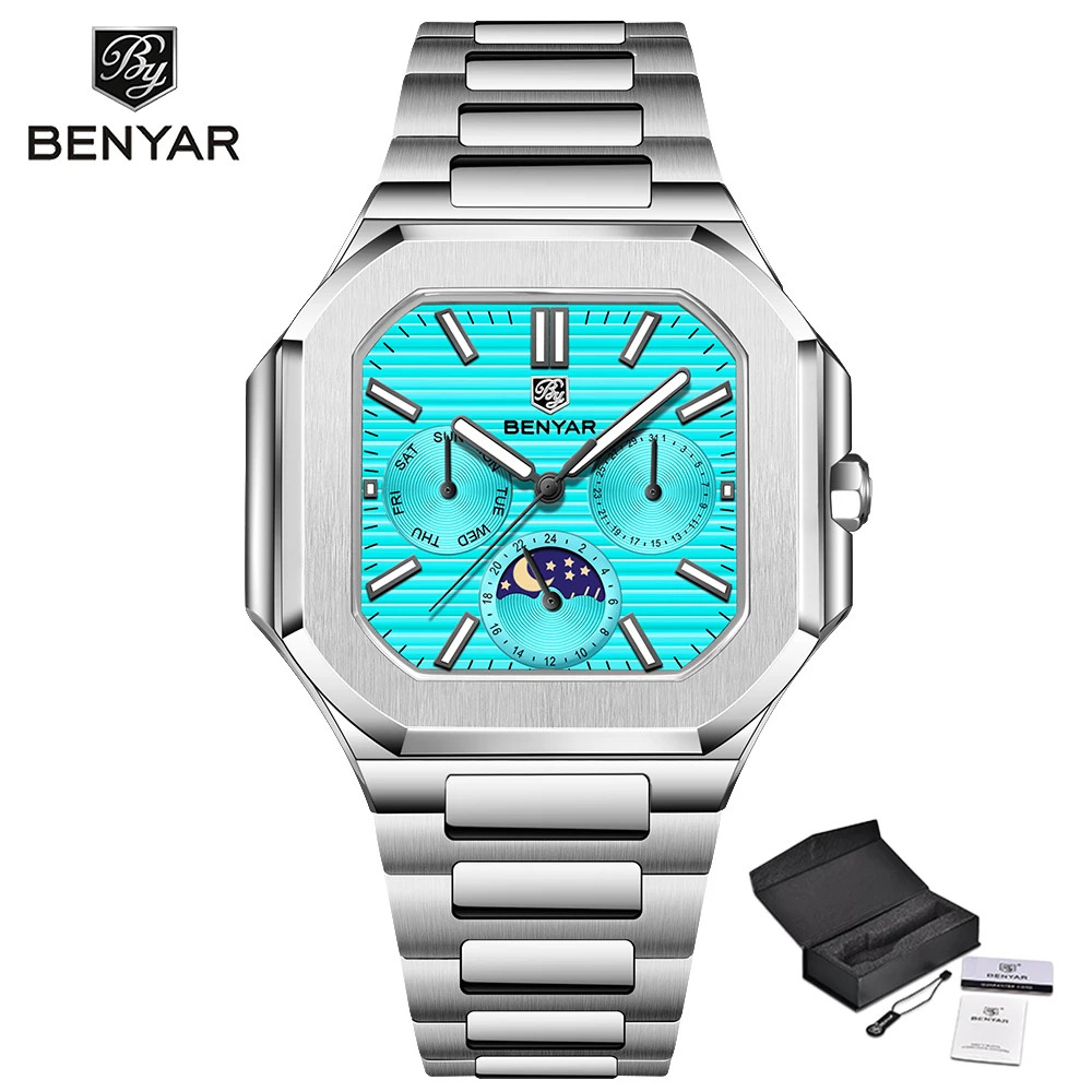 BENYAR BY5221 Square Moonphase Men’s Quartz Watch Sapphire Glass Stainless Steel