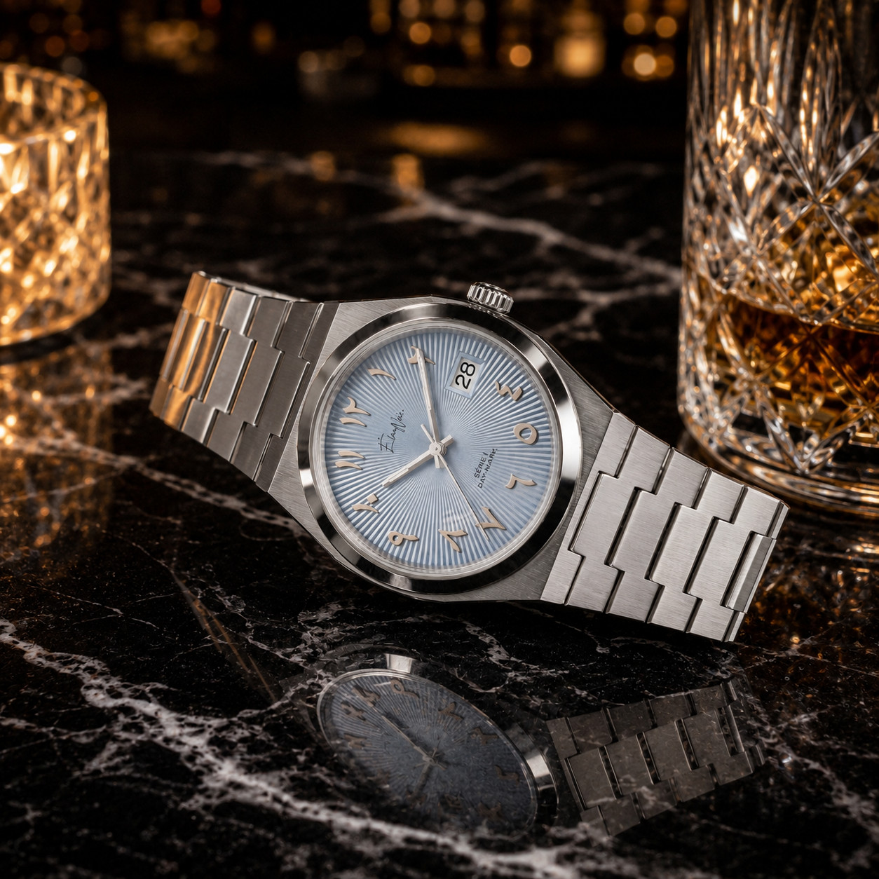 Custom Élan Noir Série I Silver/Blue 36mm Auto NH35 Sapphire Crystal Steel Watch
