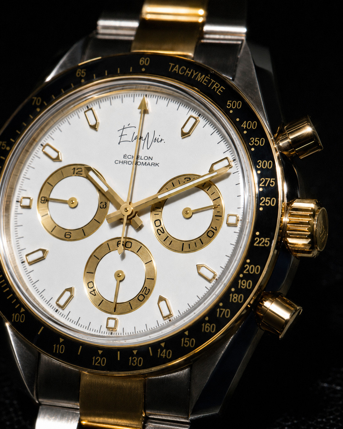 Élan Noir Chronograph Watch VK63 White Dial Two Tone Sapphire Crystal Steel 40mm