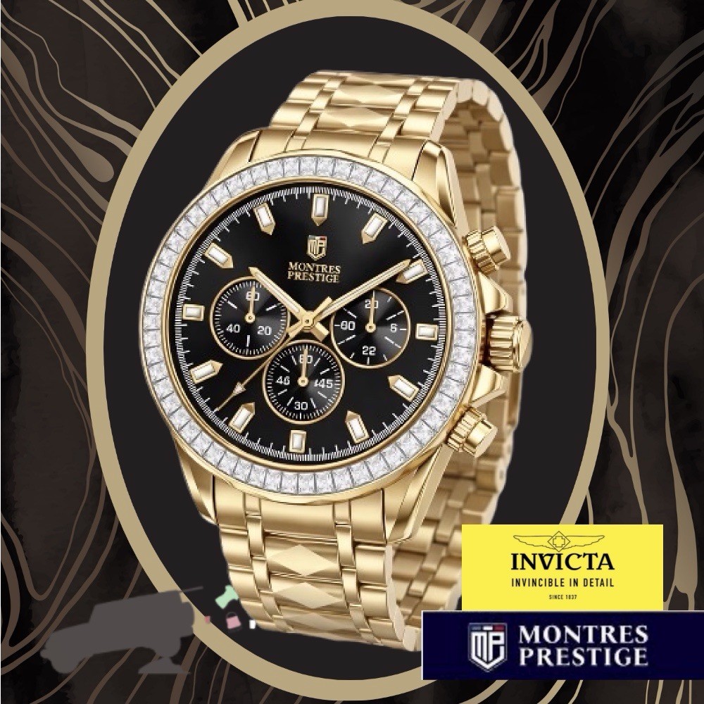 Montres Prestige By Invicta Men’s Watch~0335 44.5mm Gold/Black Bling Steel~NIB