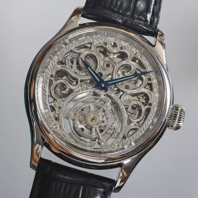 Merkur Men Tourbillon Watch 42mm Mechanical Wristwatch Skeleton Carving Dial