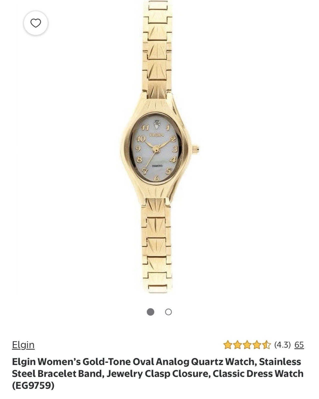 Elgin Women’s Gold-Tone Oval Analog Quartz Watch, SS Bracelet, Box