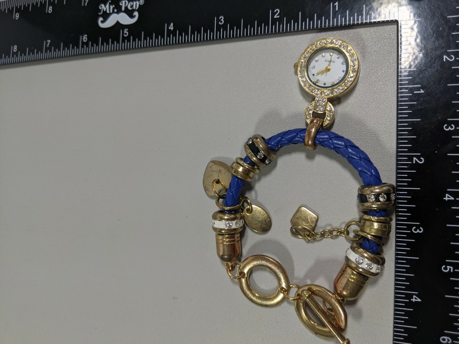 Blue Faux Leather Charm Band Toggle Clasp Watch 8 Inch