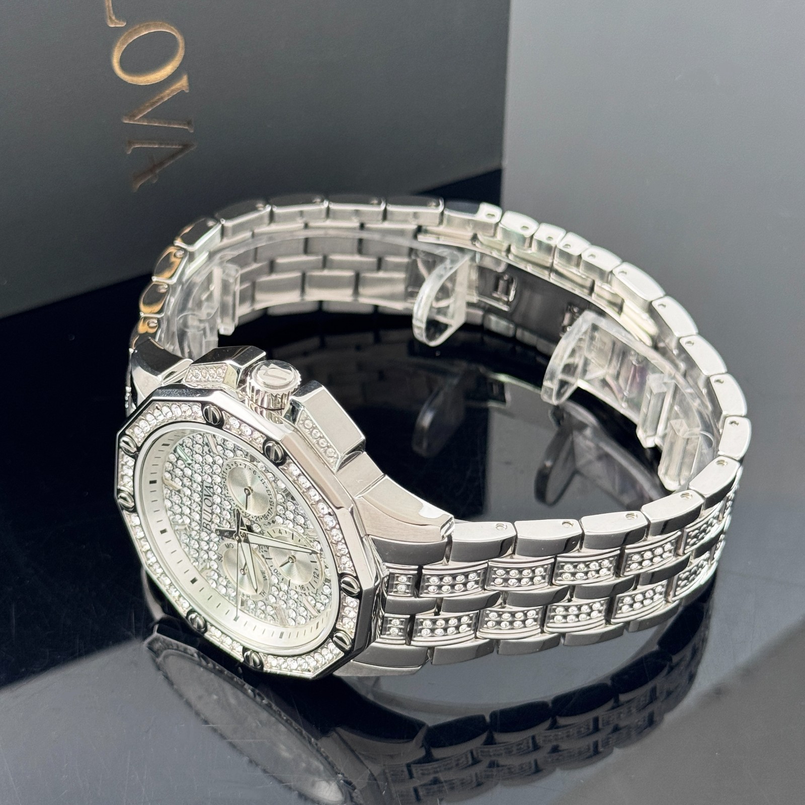 Bulova Men’s Octava Silver Pave Crystal Stainless Steel Quartz Watch 96C134