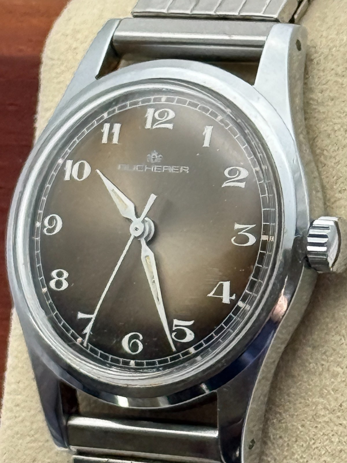 Vintage Bucherer 31mm Stainless Manual Wind Tropical Dial Watch