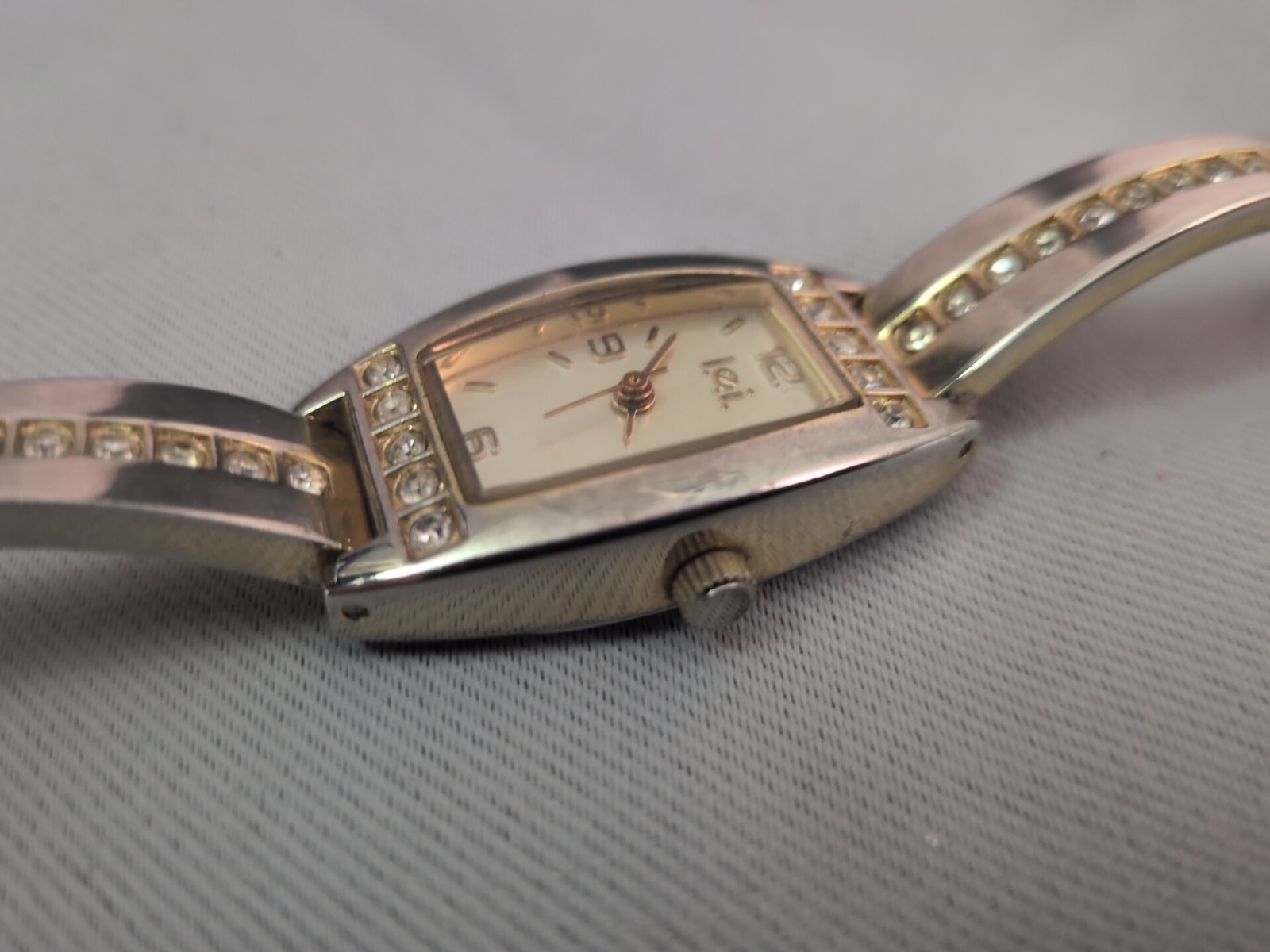 Vintage LEI Women’s Square Gold Silver Watch w/ Rhinestones, Jewelry Clasp