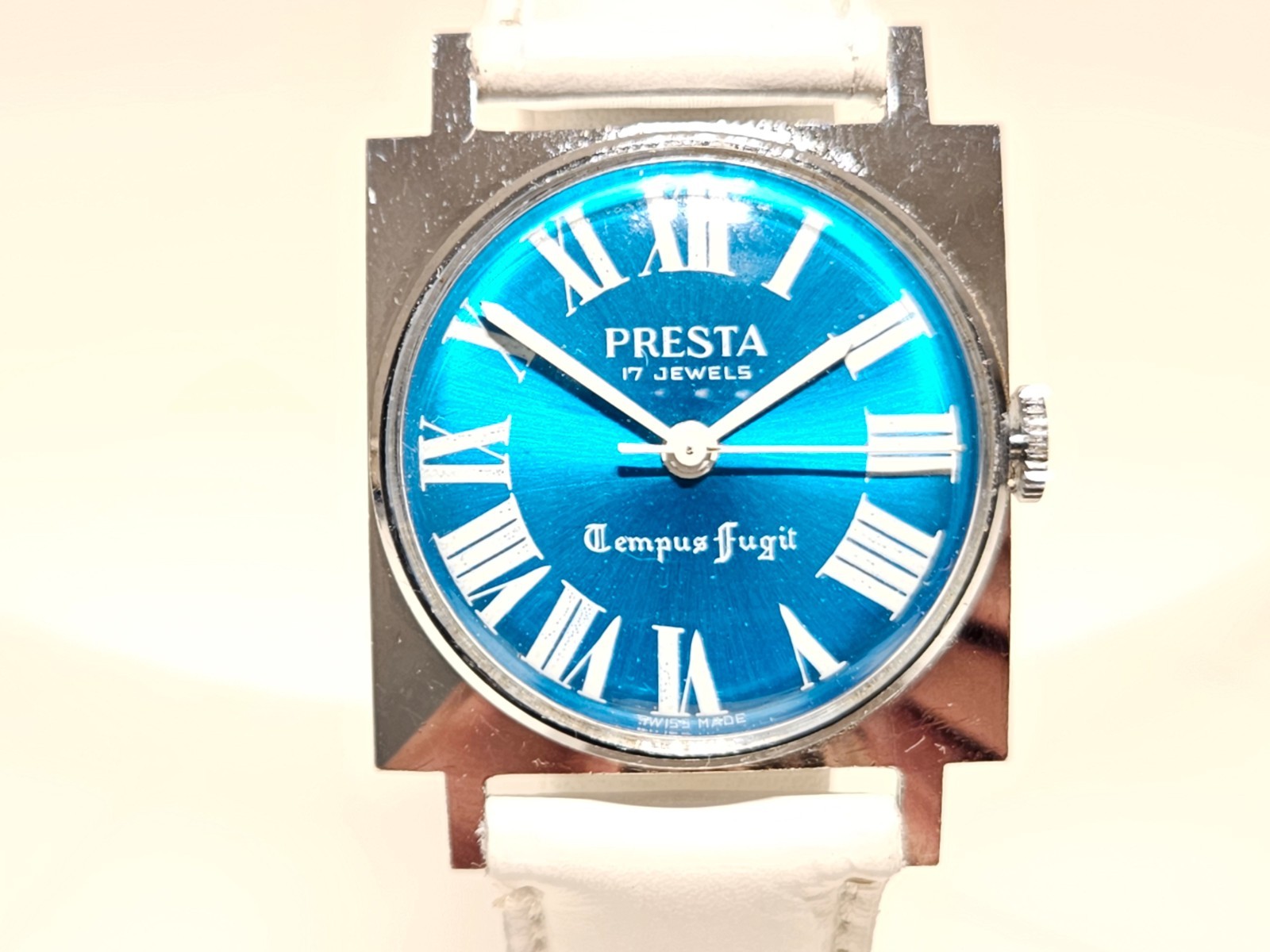 VINTAGE SQUARE 28mm BLUE DIAL MEN LADIES MECHANICAL WATCH «PRESTA»TEMPUS FUGIT