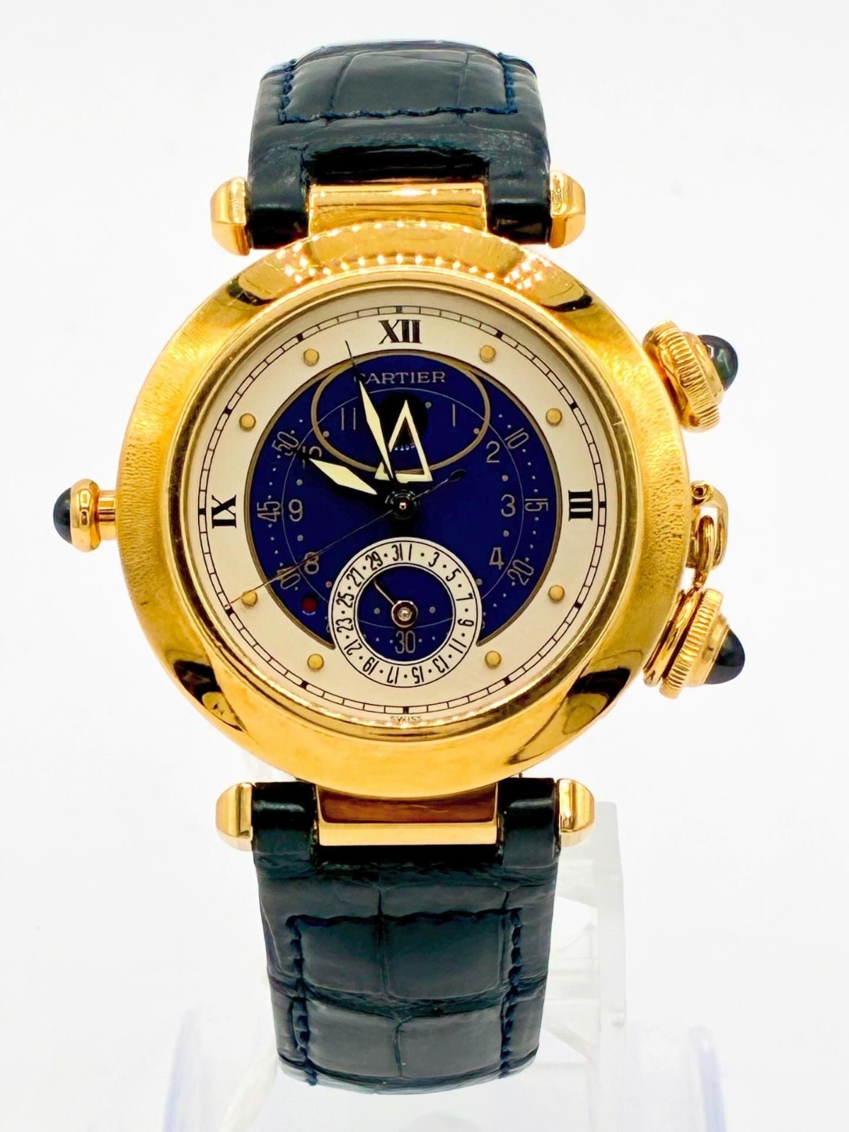 Cartier Pasha 30011 18K Yellow Gold Blue Dial Quartz Mens Luxury Watch