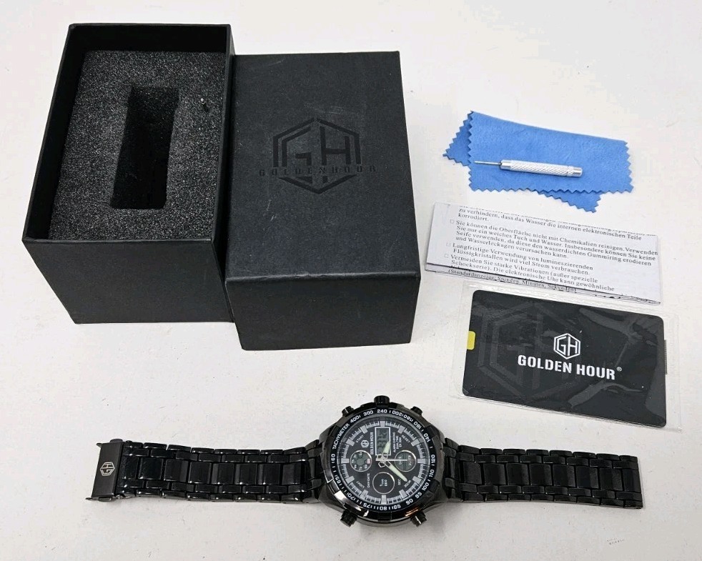 Golden Hour Mens Watch 48mm Black Ana-Digi Chronograph Date Analog Digital NEW
