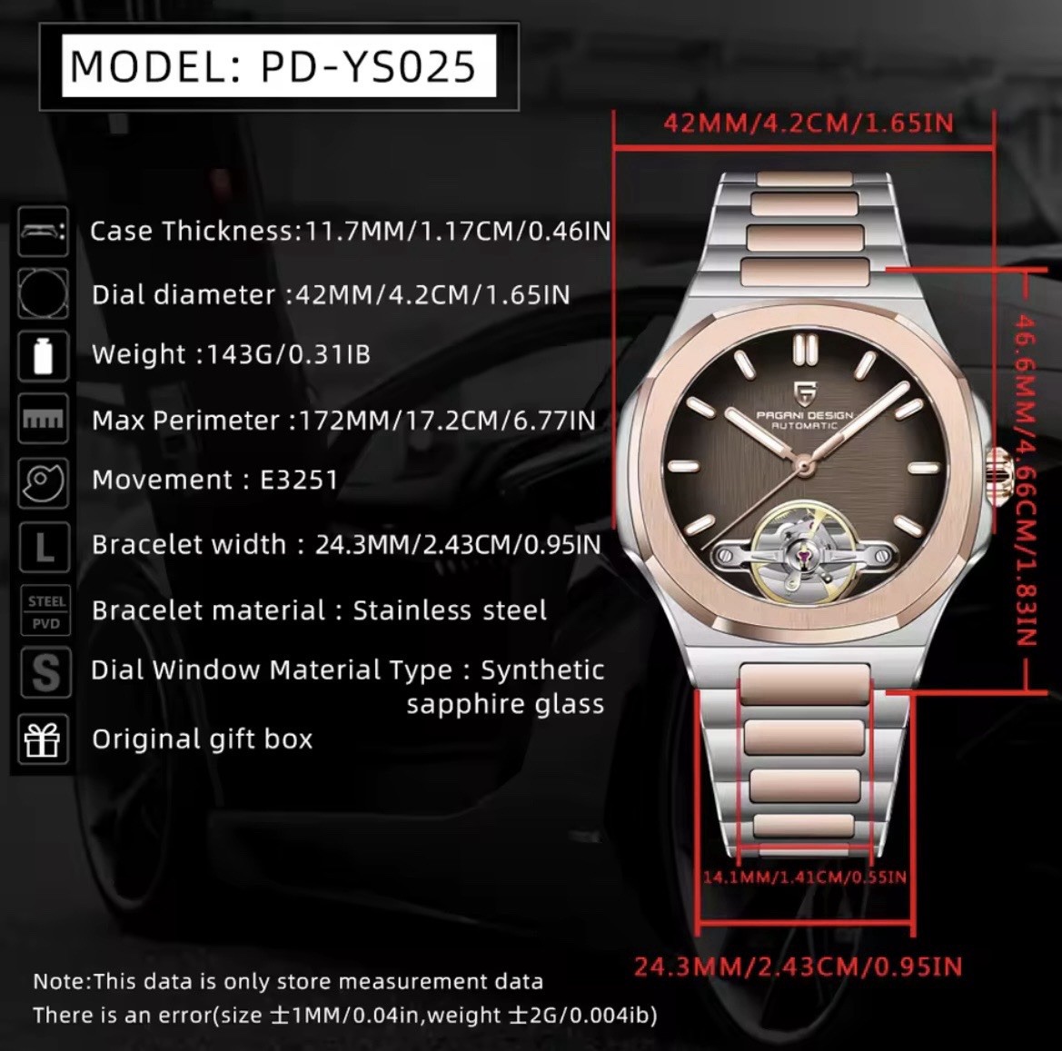 Pagani Design YS025 Men’s Automatic 42mm Black Dial Sapphire Steel Gold Bracelet