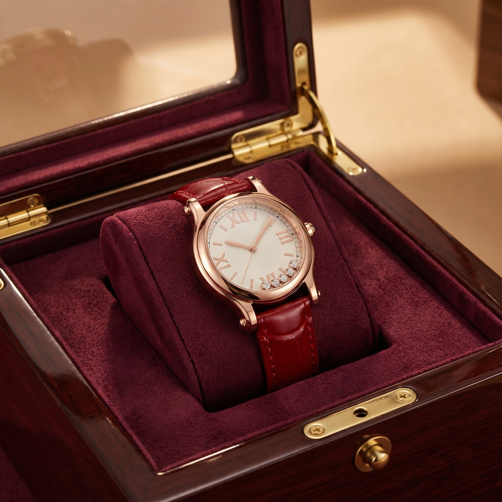 VORSEL Elegant Women Floating Crystal Dial Watch Rose Gold Roman Numeral Leather