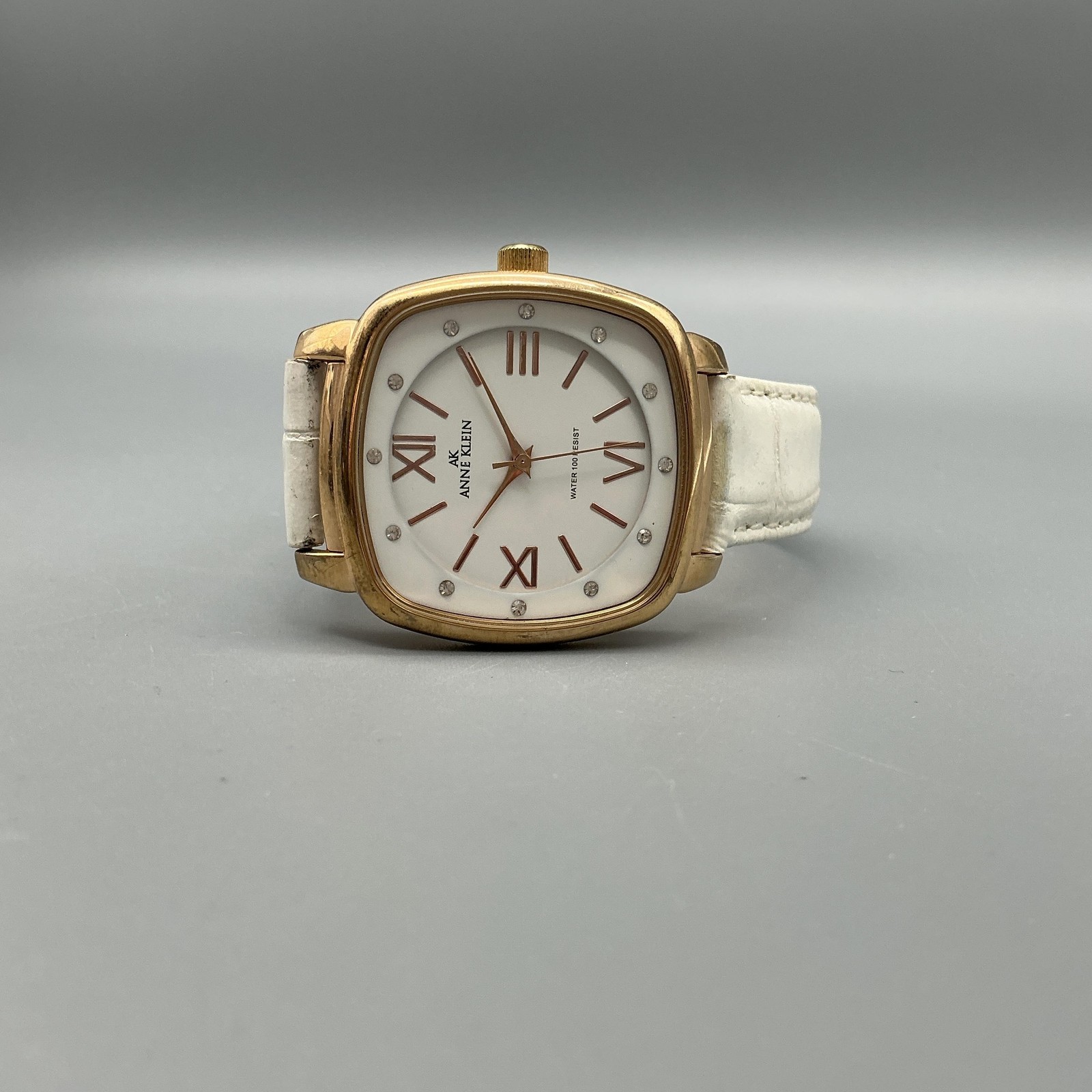 Anne Klein Womens Watch 35mm White Dial Gold Tone White Leather New Battery