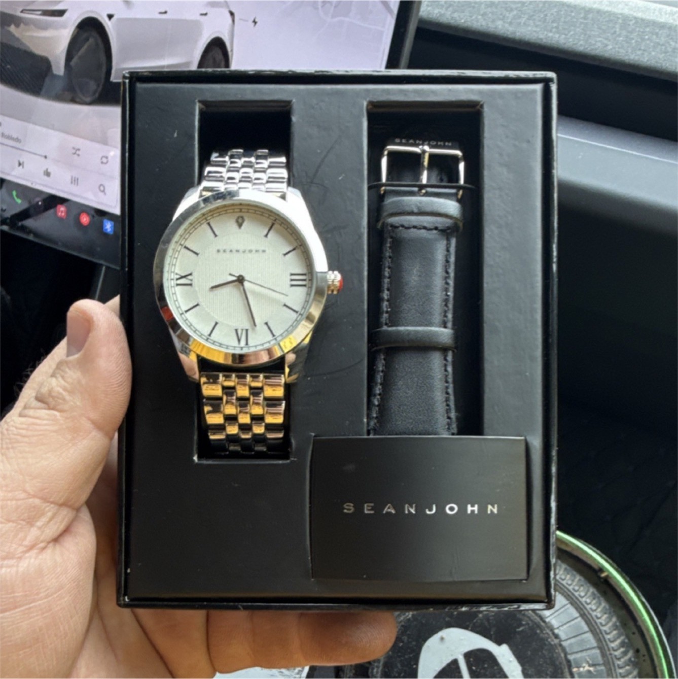 Sean John Men’s Analog Wristwatch Set Silver Dial Metal & Leather Bands Dress