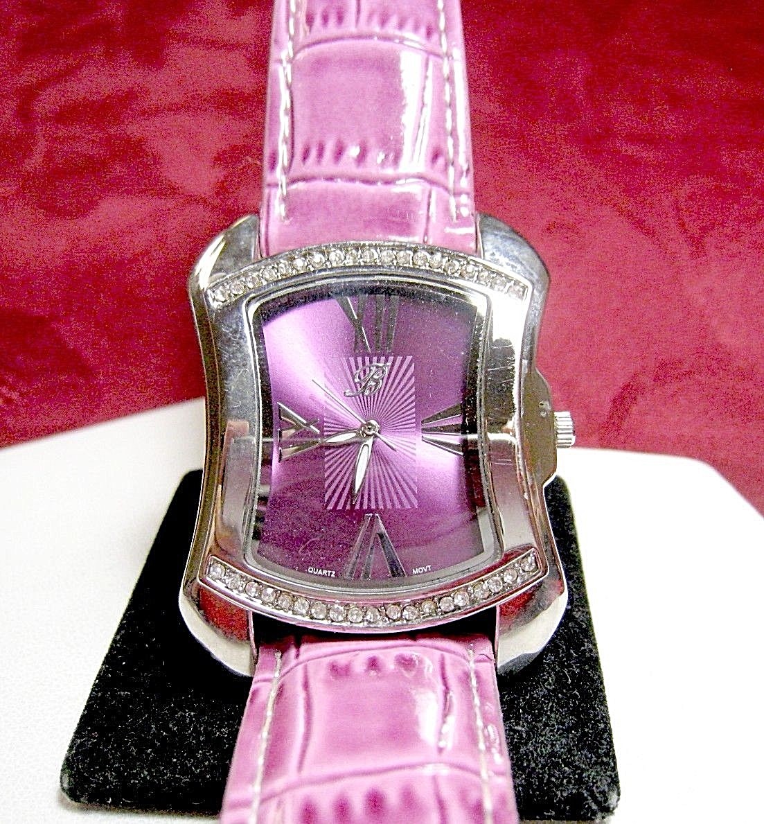 BURGI WATCH BTV011PU CRYSTALS PURPLE LEATHER STRAP LADY’S WATCH NEW BATTERY