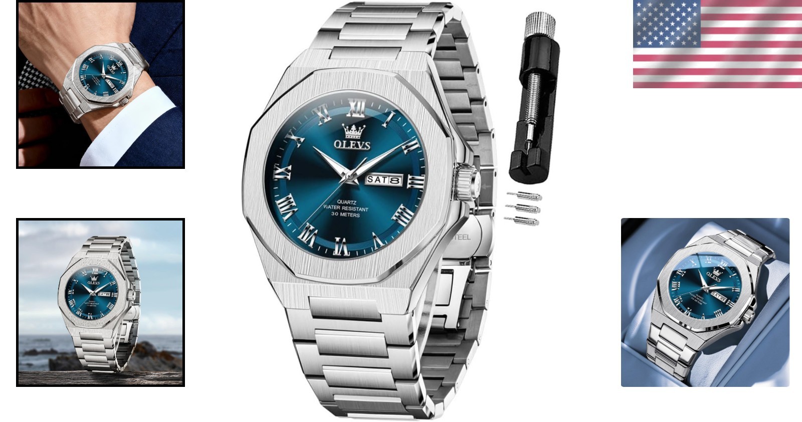 Luxury Men’s Analog Quartz Watch – Large Stainless Steel, Waterproof & Stylish