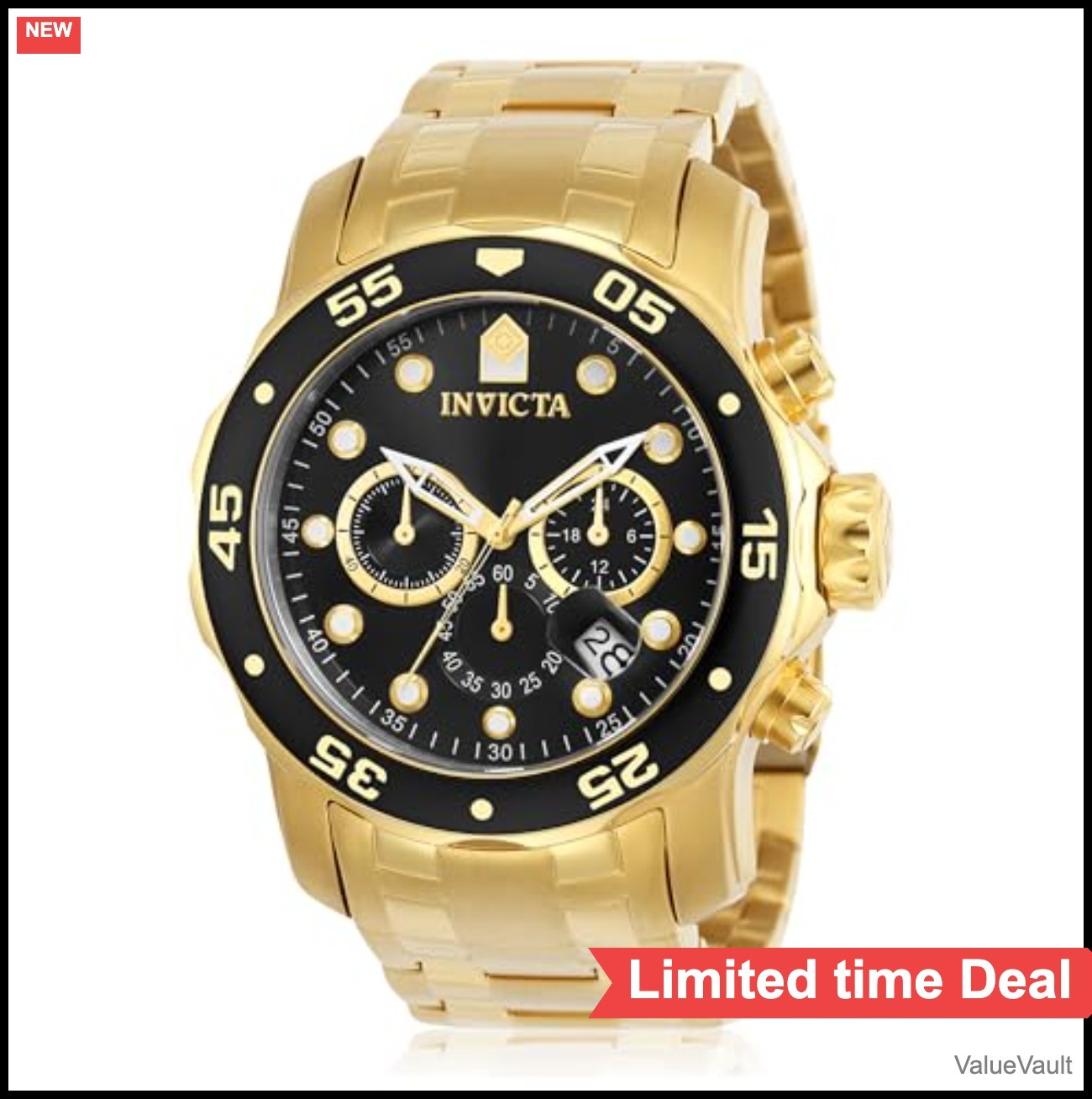Men’s Chronograph Watch 48mm Gold Stainless Steel Black Dial Japanese Quartz