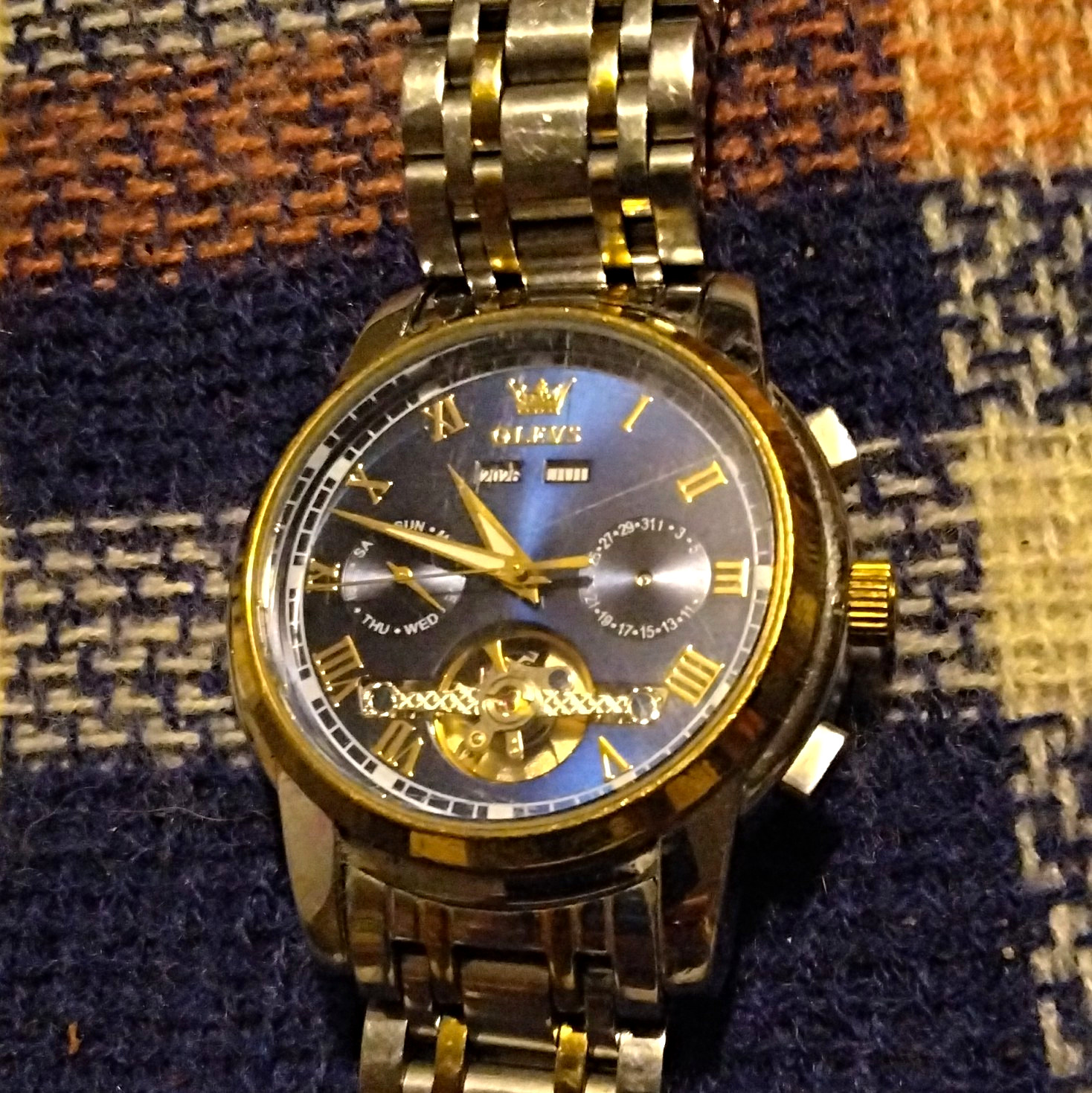 OLEVS Men’s Automatic Wristwatch Blue Dial Roman Numerals Two-Tone Band