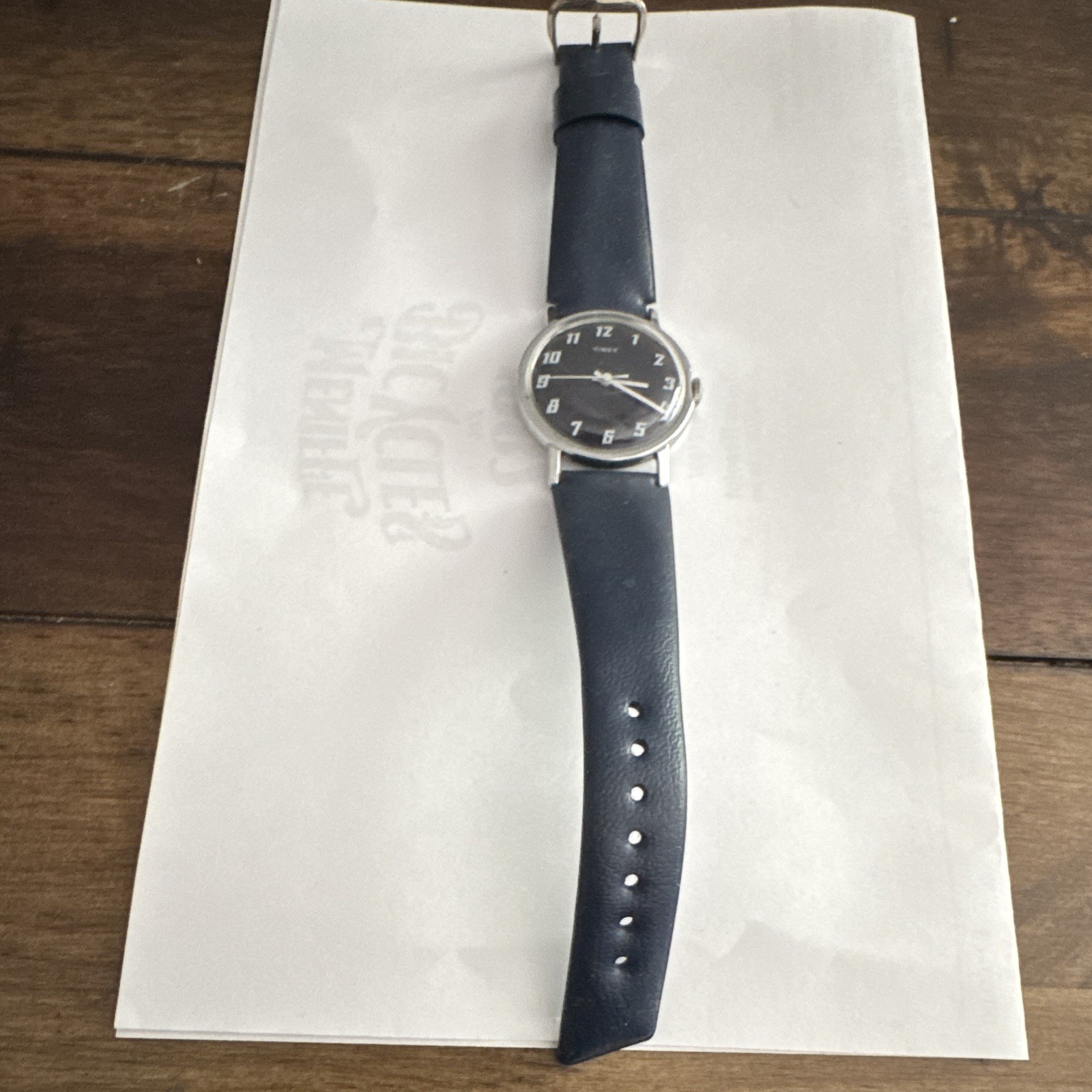 Timex Vintage 1970s Manual Wind Blue with white Dial Silver Case Blue Leather