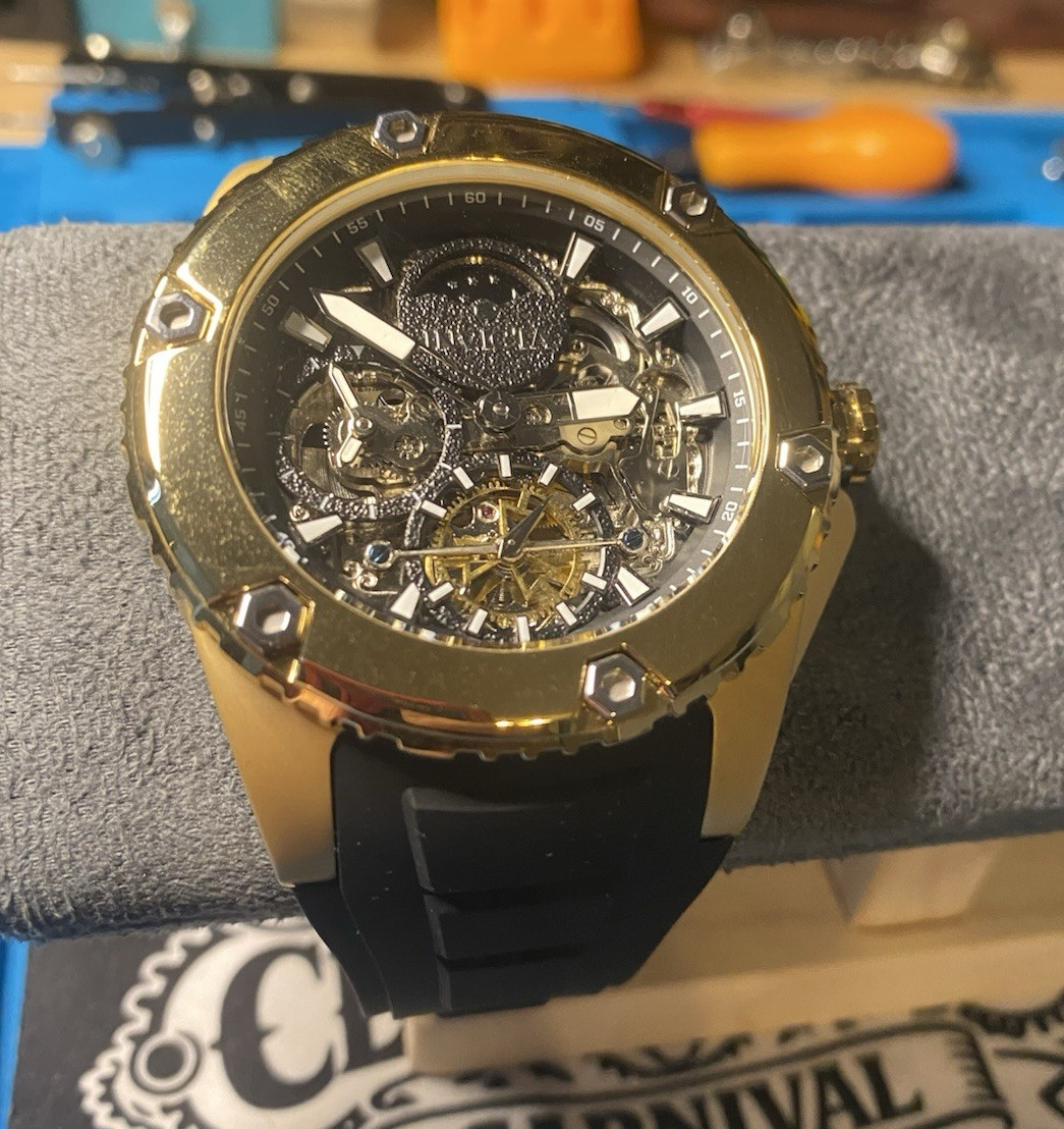 Invicta Bolt Men’s Automatic Skeleton Dial Gold Tone Black Strap 100m Watch
