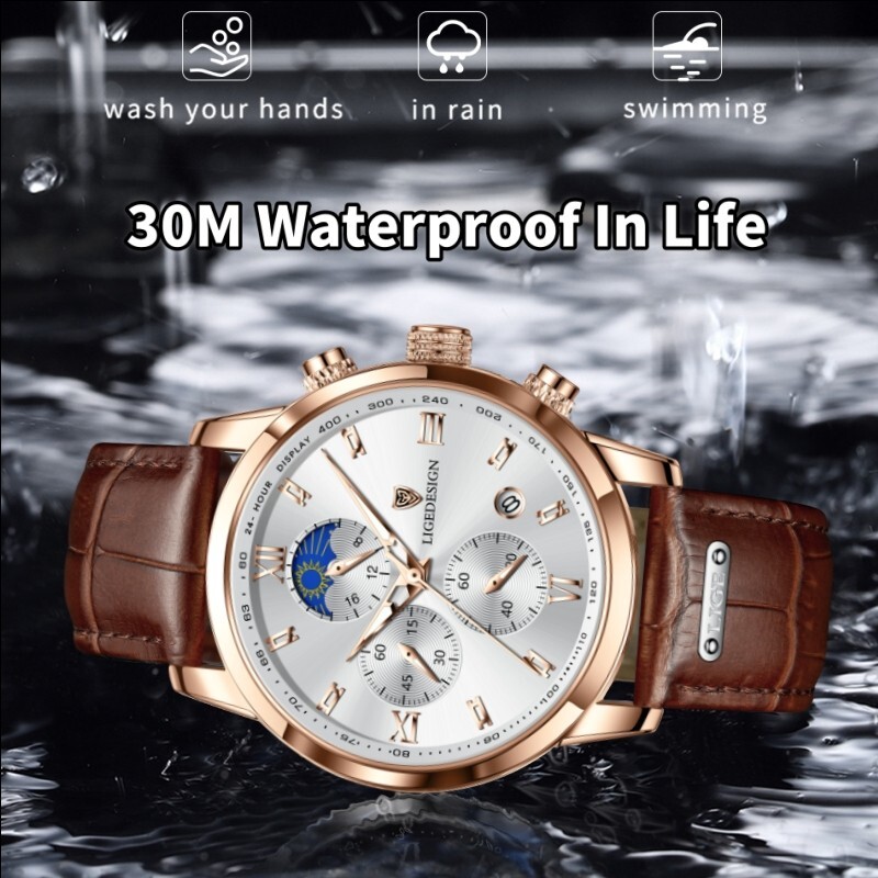 Men’s Watches Quartz Luminous Date Dial Waterproof Leather Business Wristwatch