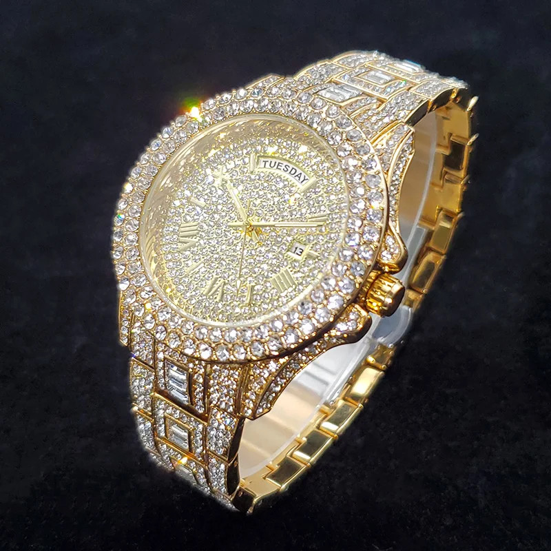 Luxury Iced Out Diamond Watch Men’s Bling Day Date Gold Steel Quartz Hip Hop