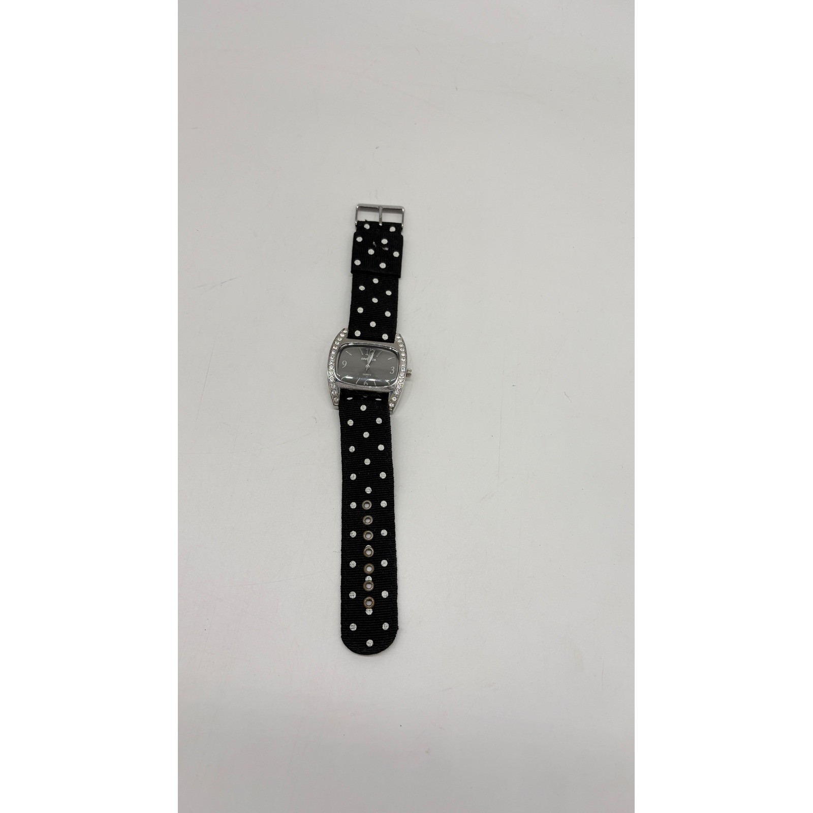 Sahil & Co. Womens Quartz Watch Black Polka Dot Fabric Strap Rhinestone Bezel