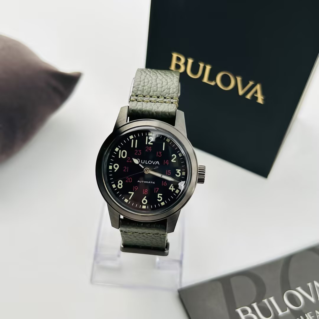 Bulova Hack 98A255 Black Dial Green Leather Strap Automatic Men’s Watch 38 mm