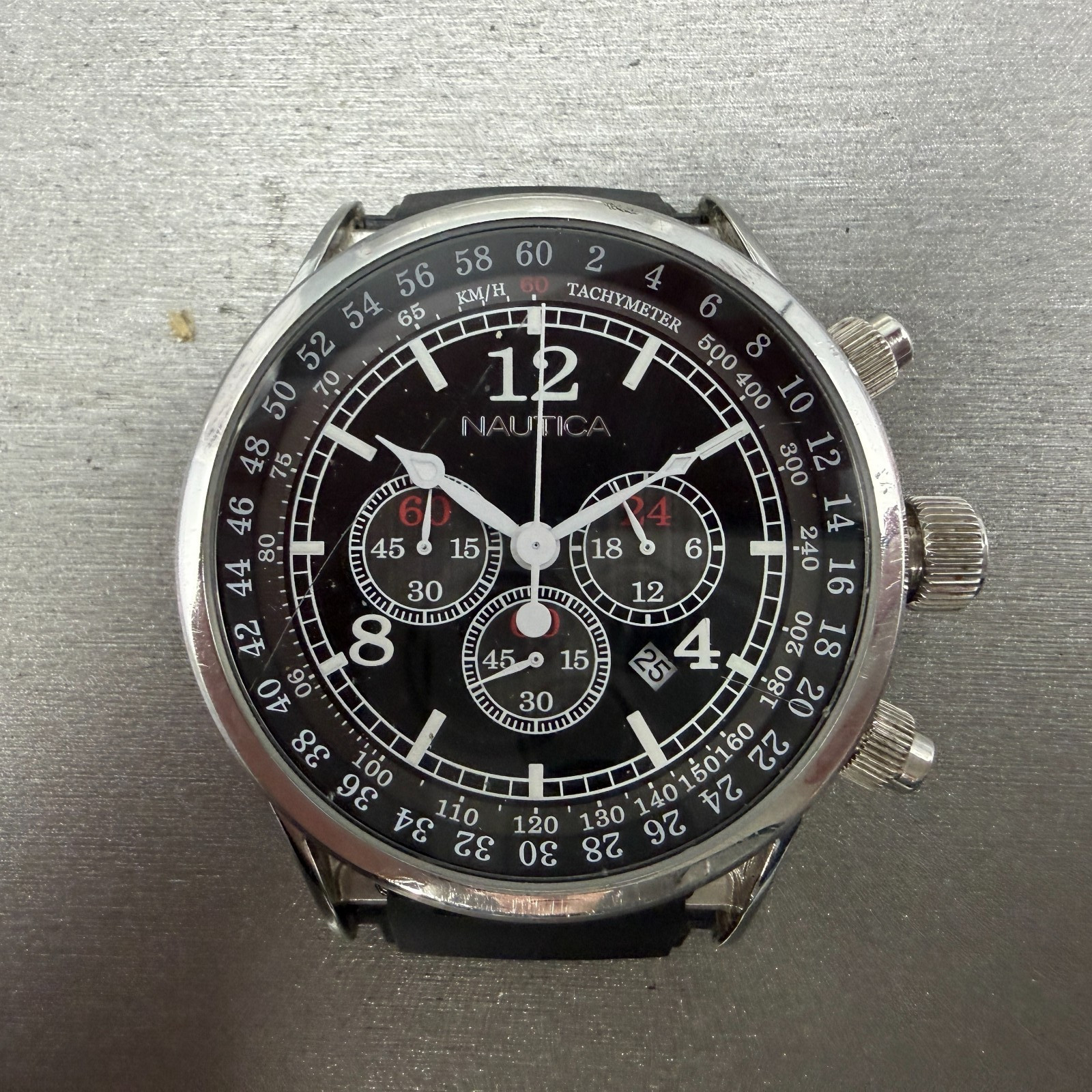 Nautica NSR-01 Chronograph Watch Men 44mm Black Dial Steel Date READ!!! New Batt