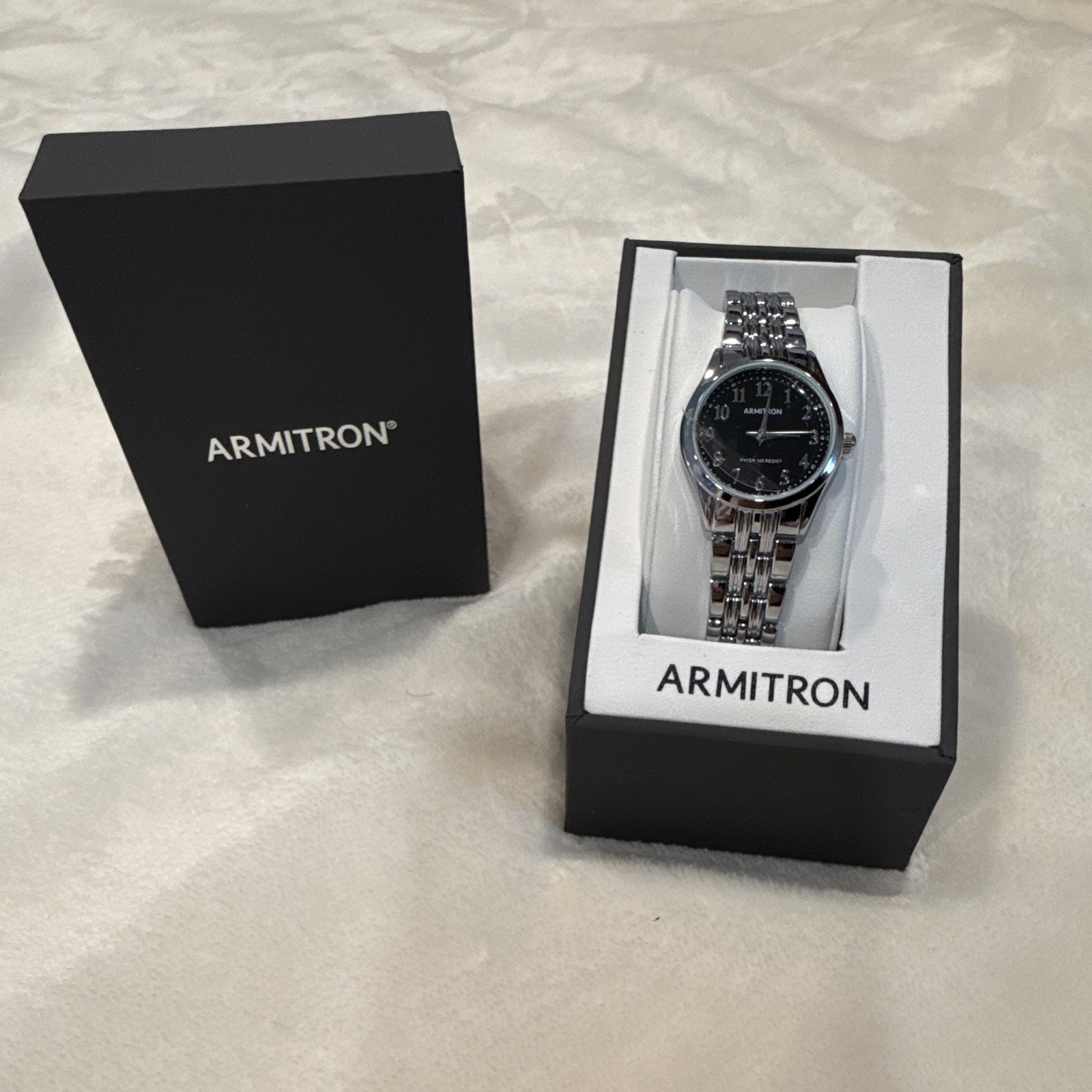 Armitron Women’s Classic Analog Quartz Watch Black Dial Silver Tone Bracelet Box